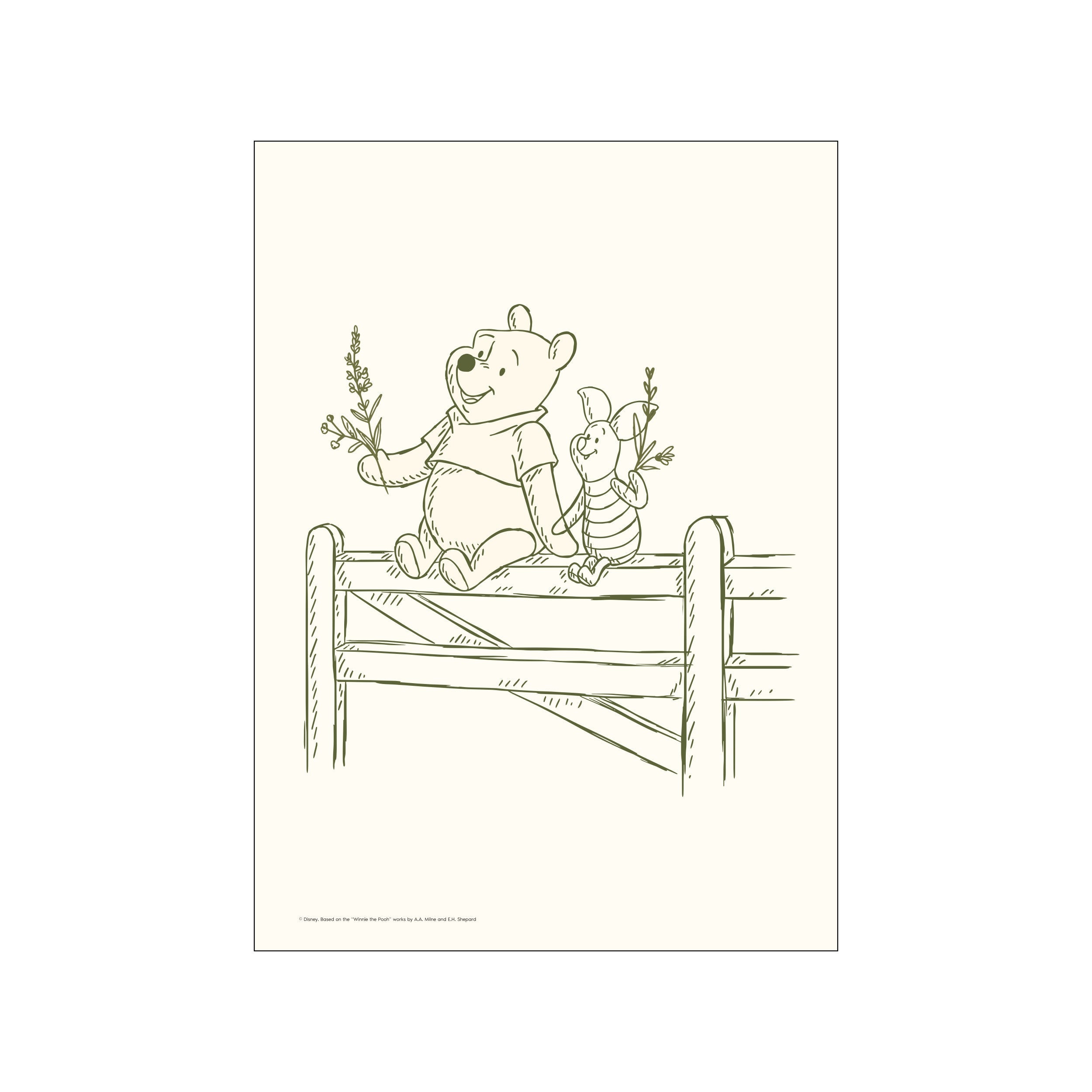 Winnie the Pooh and Piglet sit together on a wooden fence, each holding a sprig of lavender. The illustration is in a soft olive green outline on a creamy background, exuding a gentle and nostalgic.