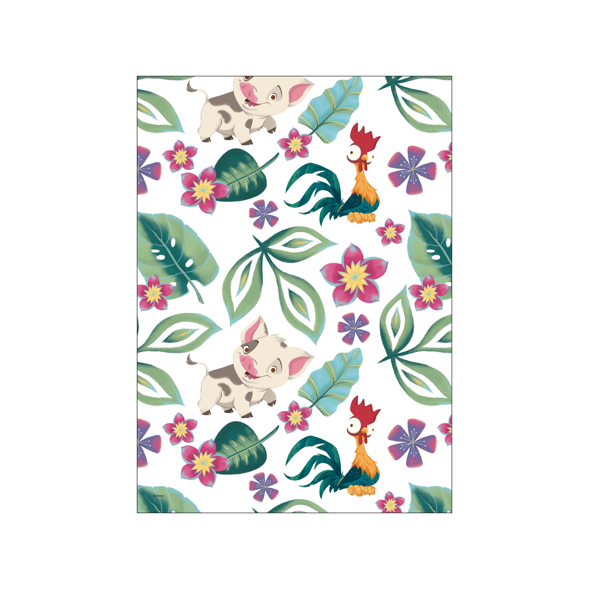A whimsical tropical pattern featuring Pua the pig and Hei Hei the rooster amidst lush green monstera leaves and fuchsia and periwinkle flowers on a white background, evoking a playful and serene island vibe.