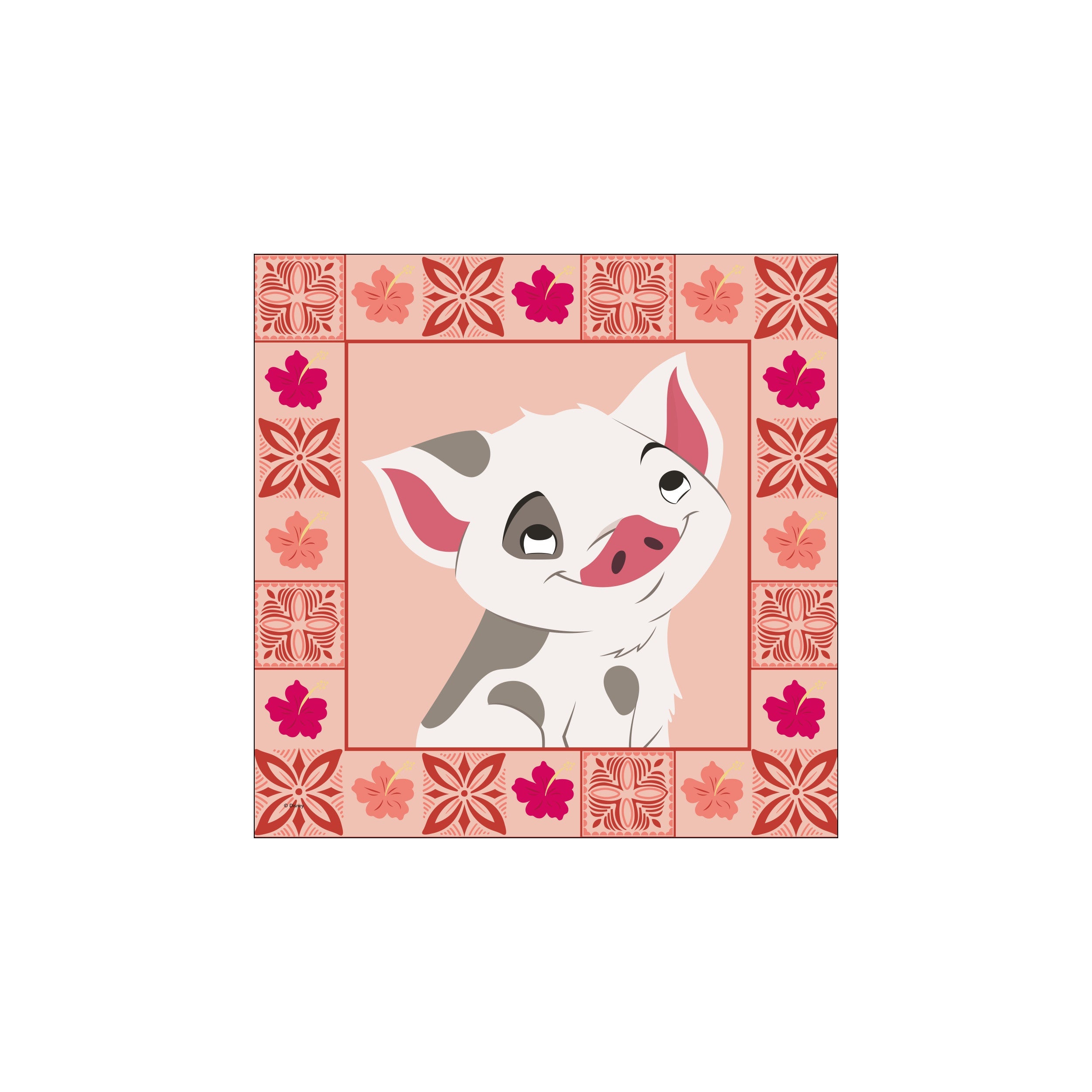 A cheerful, spotted piglet named Pua peeks out from behind a decorative border of stylized hibiscus flowers and geometric patterns in shades of coral, pink, and terracotta.
