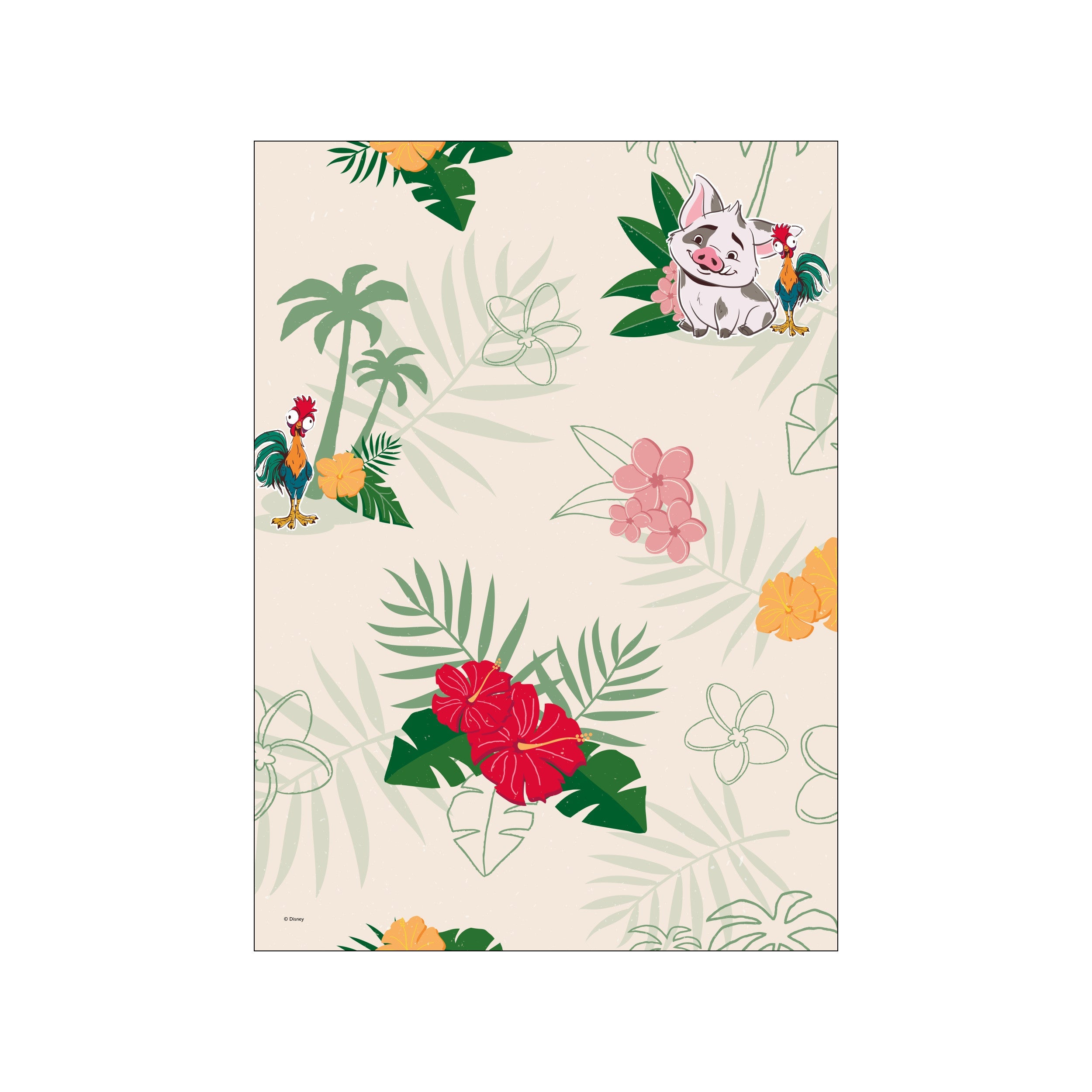 A charming tropical pattern featuring Pua the pig and Hei Hei the rooster amongst palm leaves and hibiscus flowers in soft beige, green, red, and orange hues, evoking a playful island vibe.