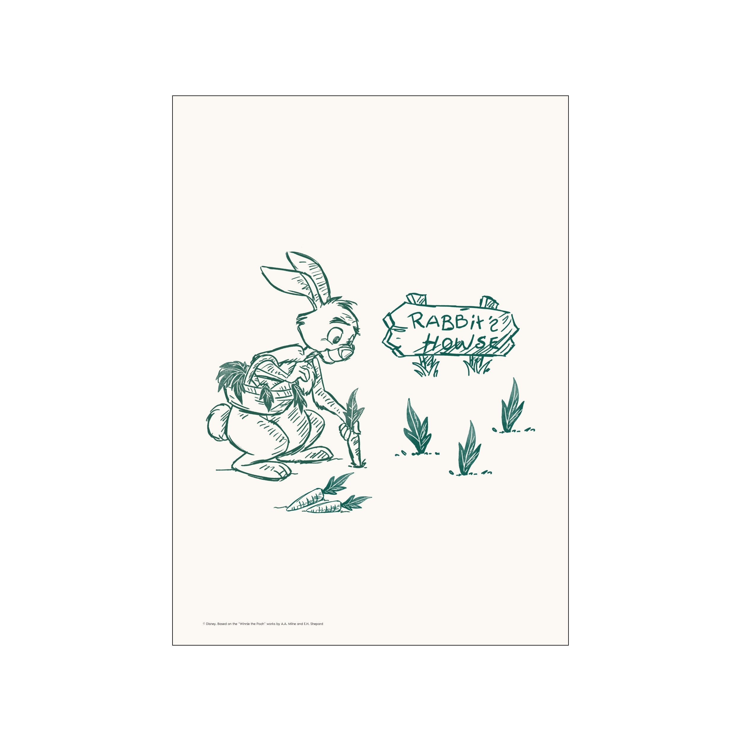 A charming sketch of Disney's Rabbit looking at a sign that reads 'Rabbit's House' while holding a carrot from his garden. The artwork features a simple green outline on a cream background, evoking a gentle.
