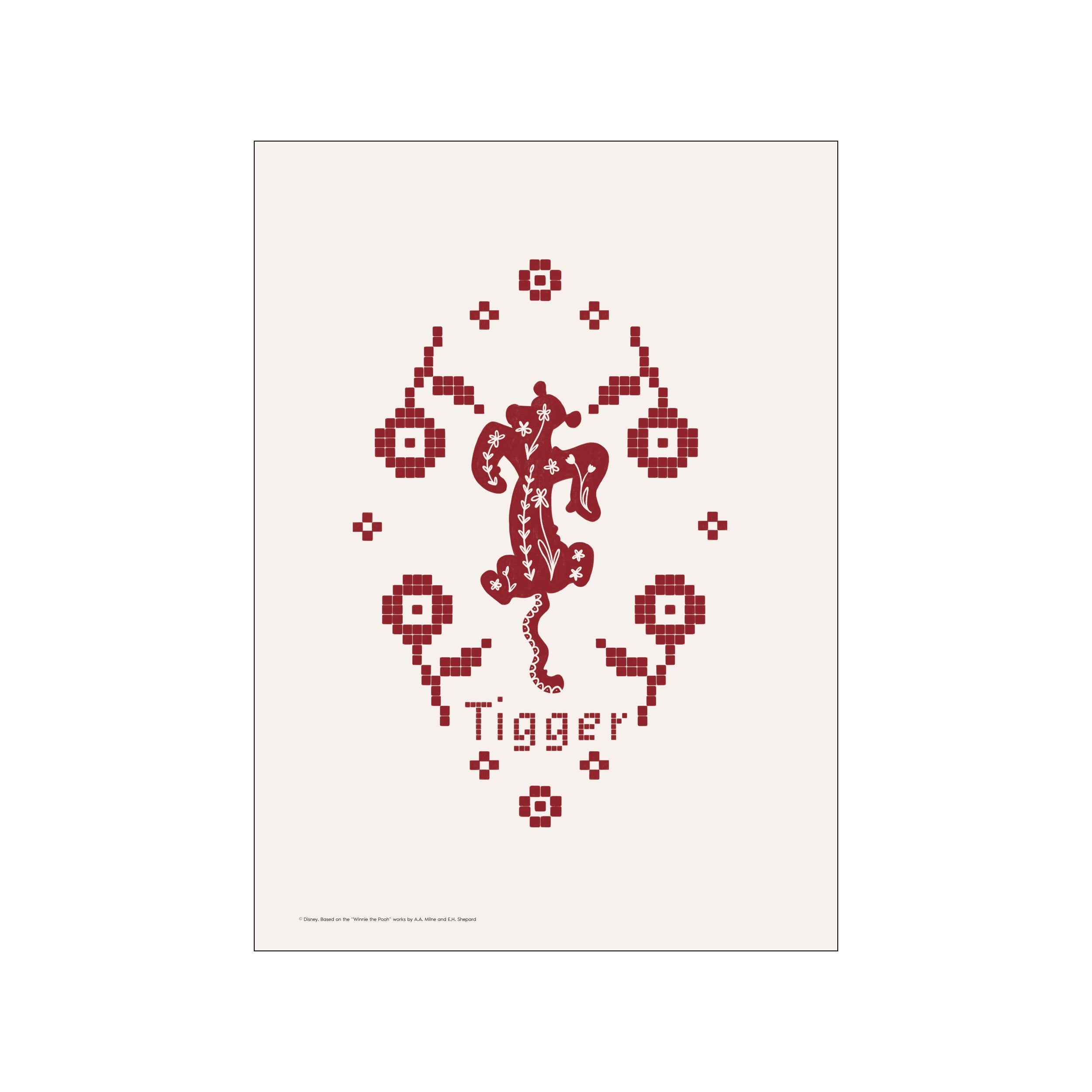 A stylized Tigger in crimson red, depicted in a cross-stitch pattern, surrounded by floral and square motifs on a light cream background. The artwork has a nostalgic, handcrafted, and charming vibe.