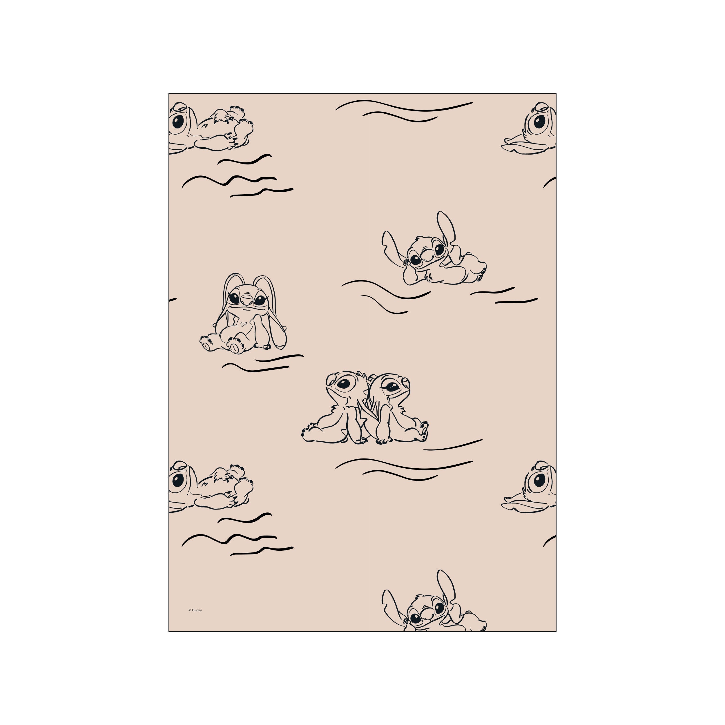 A minimalist line art pattern featuring playful sketches of Disney characters Stitch and Angel in various relaxed poses against a soft, neutral-toned background.