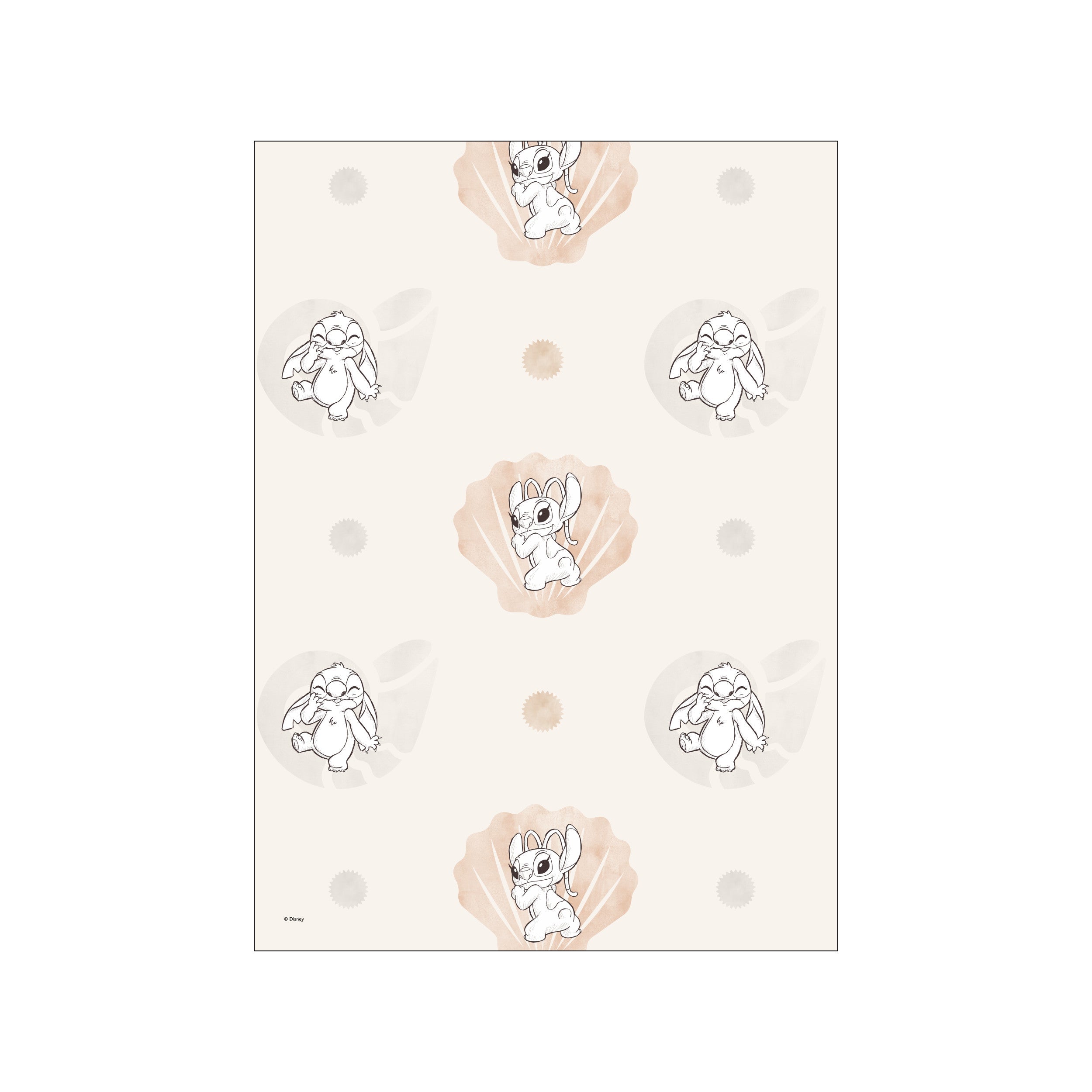 A repeating pattern featuring playful line drawings of Stitch within delicate watercolor bubbles and subtle sunbursts on a creamy background, evoking a sense of gentle joy.