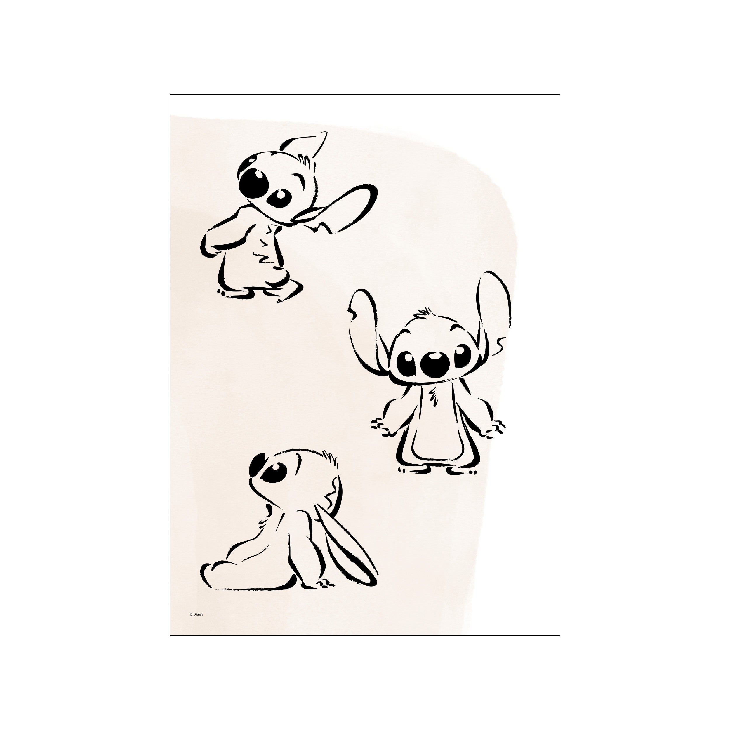 Three charming ink sketches of Disney's Stitch in various playful poses, rendered with bold black lines on a soft, textured cream background, bringing a whimsical and artistic vibe.