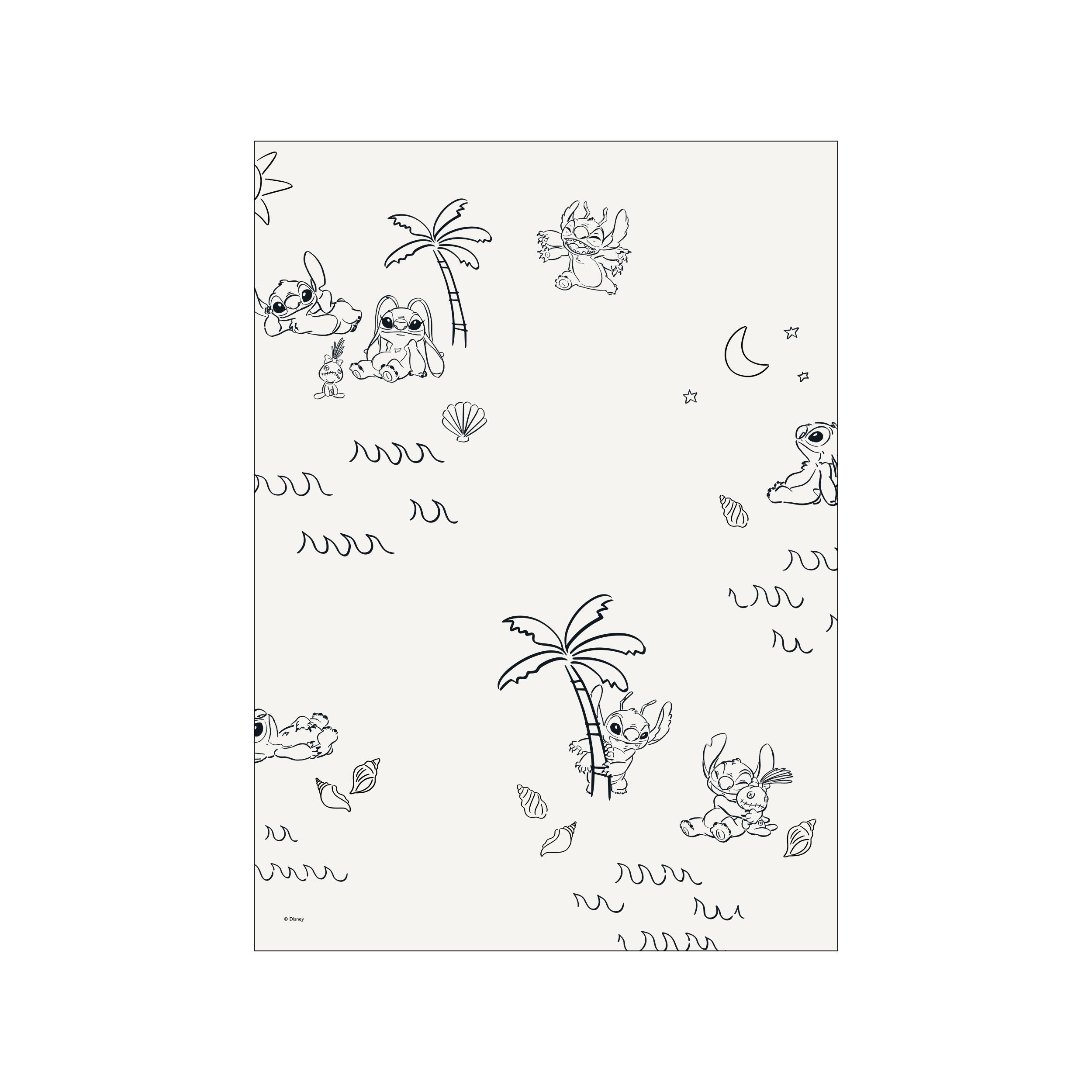 A whimsical illustration featuring Stitch in various playful poses amongst palm trees, seashells, and gentle waves on a light background. The simple black and white line art creates a serene and imaginative island atmosphere.