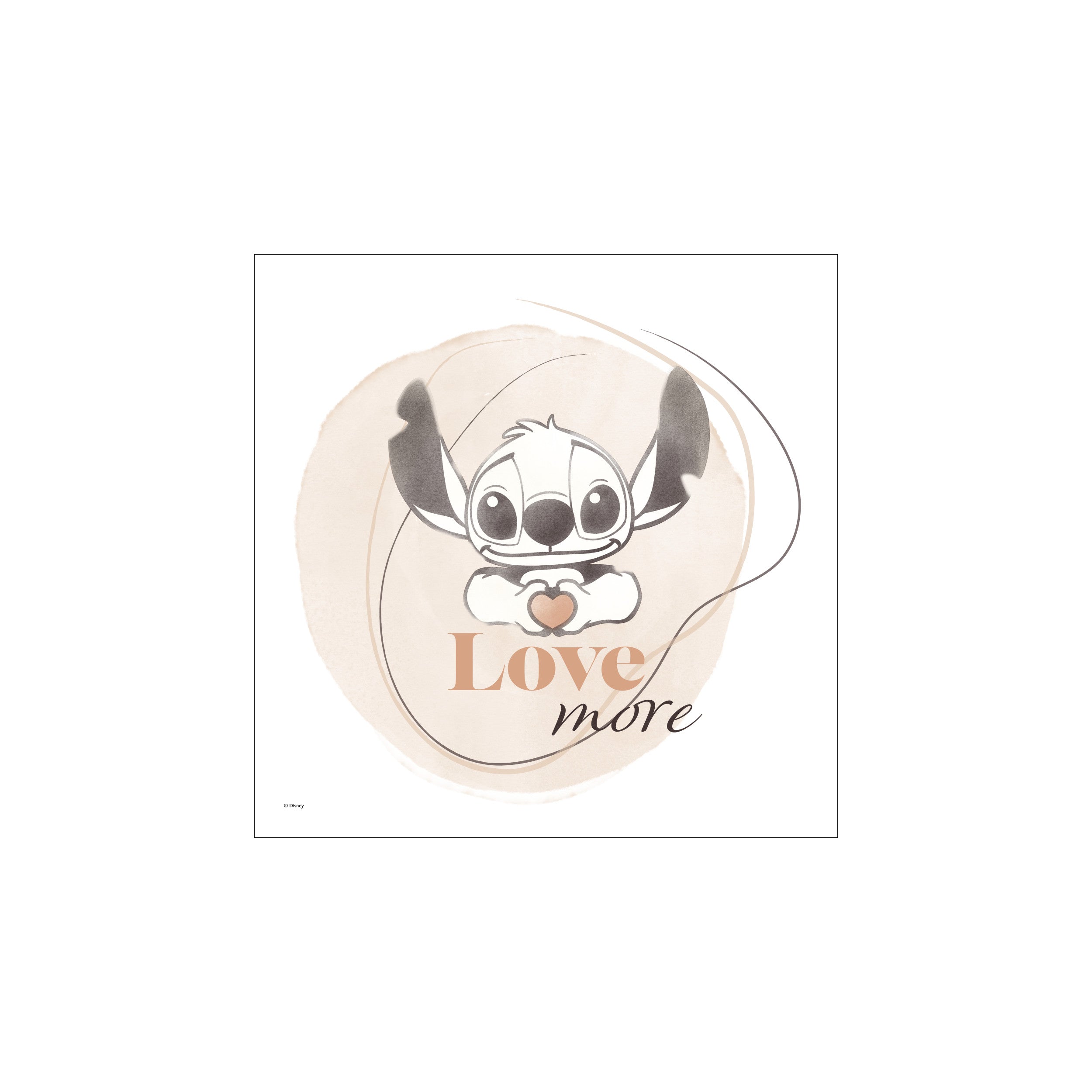 A charming illustration of Stitch from Disney, holding a heart and the words 'Love more'. The artwork features soft watercolor textures in beige and rose, with delicate linework against a white background, evoking a sense.