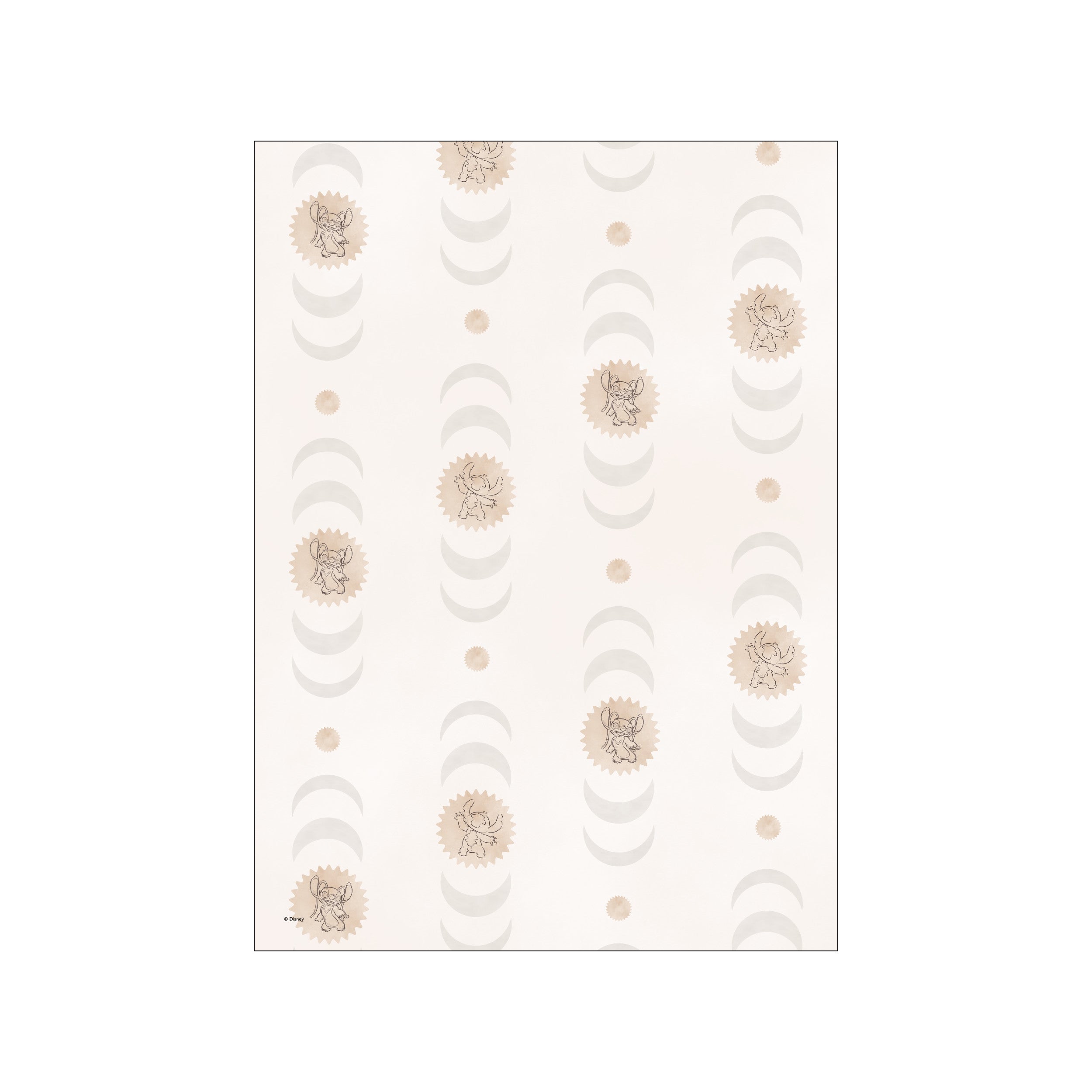 A repeating pattern artwork featuring Stitch in a playful pose surrounded by stylized crescent moons and small circular sunbursts. The color palette is soft and neutral, with creamy and light beige tones, evoking a gentle.