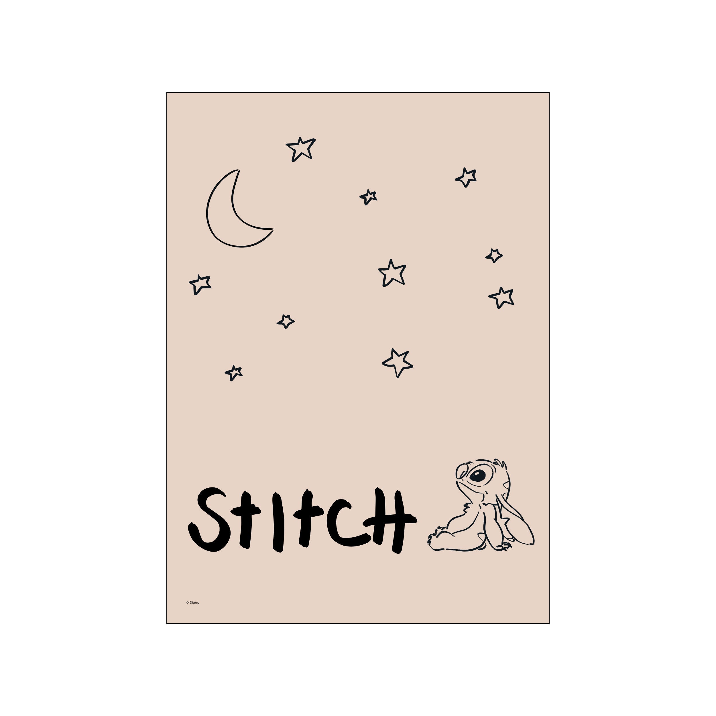 A minimalist depiction of Disney's Stitch sitting below a crescent moon and scattered stars, set against a soft, peachy-beige background. The overall vibe is whimsical, serene, and playful.