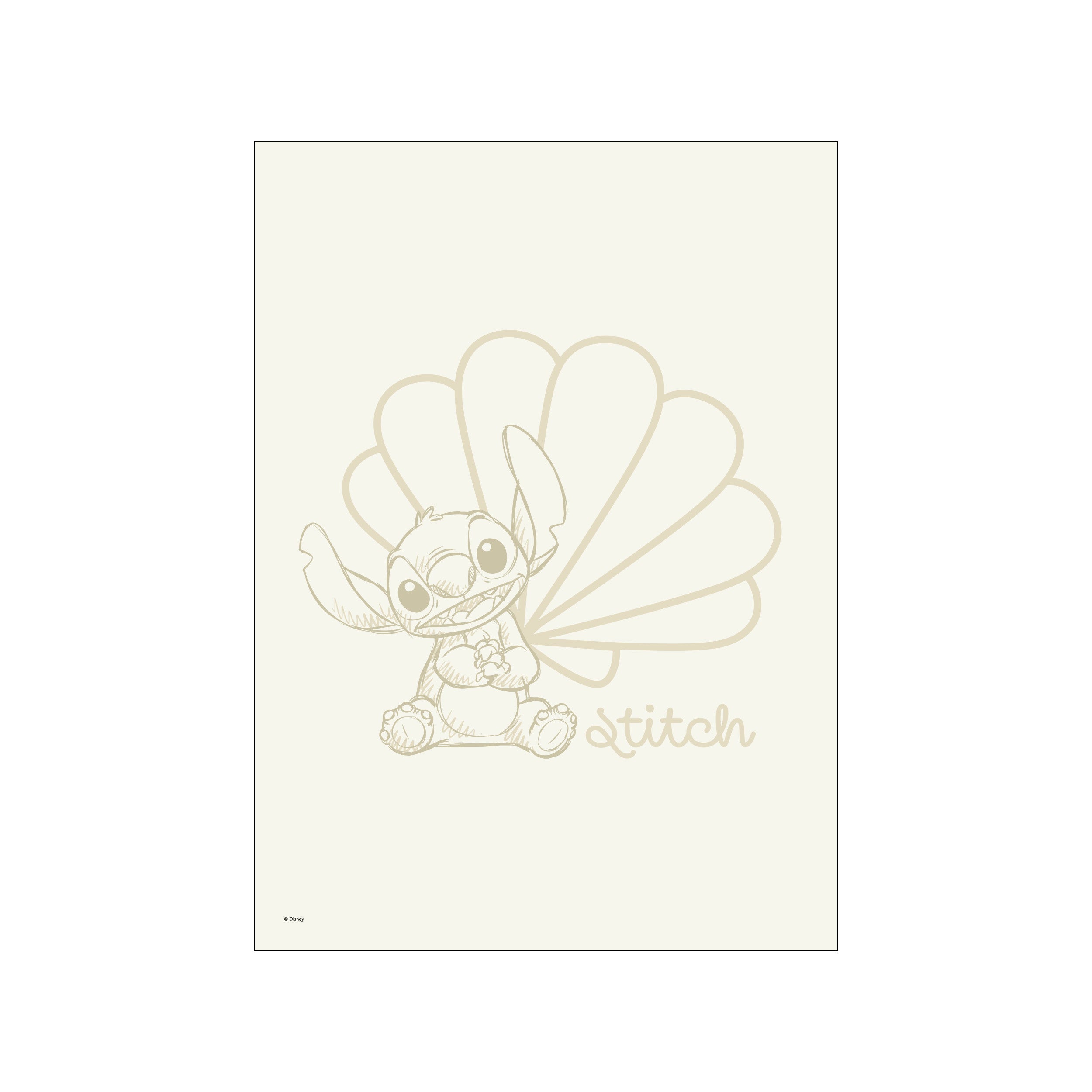 A charming outline drawing of Disney's Stitch sitting with a seashell design behind him, rendered in a soft, sandy color on a creamy background, creating a light and playful atmosphere.