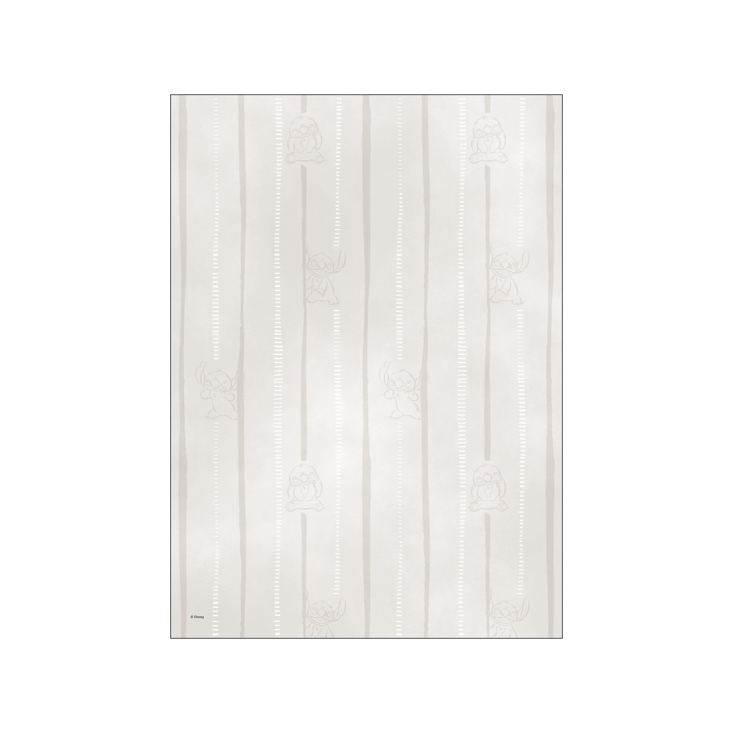 A gentle, abstract stripe pattern in muted beige and cream tones, featuring faint, playful sketches of Stitch peeking from behind the vertical lines.