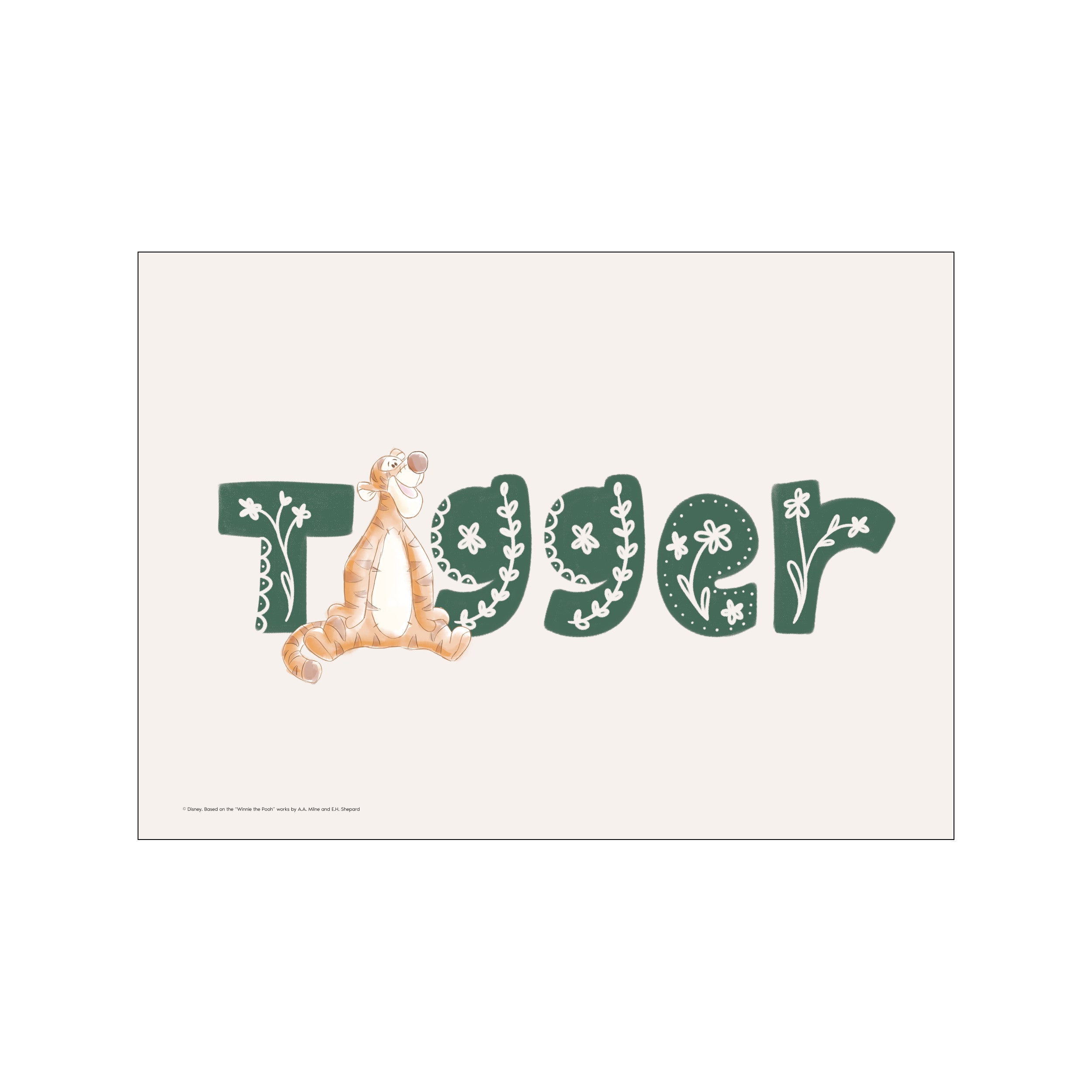 A joyful depiction of Disney's Tigger peeking out from behind decorative, blooming letters spelling his name. The design features a rich green and white palette against a creamy background, exuding playful charm.