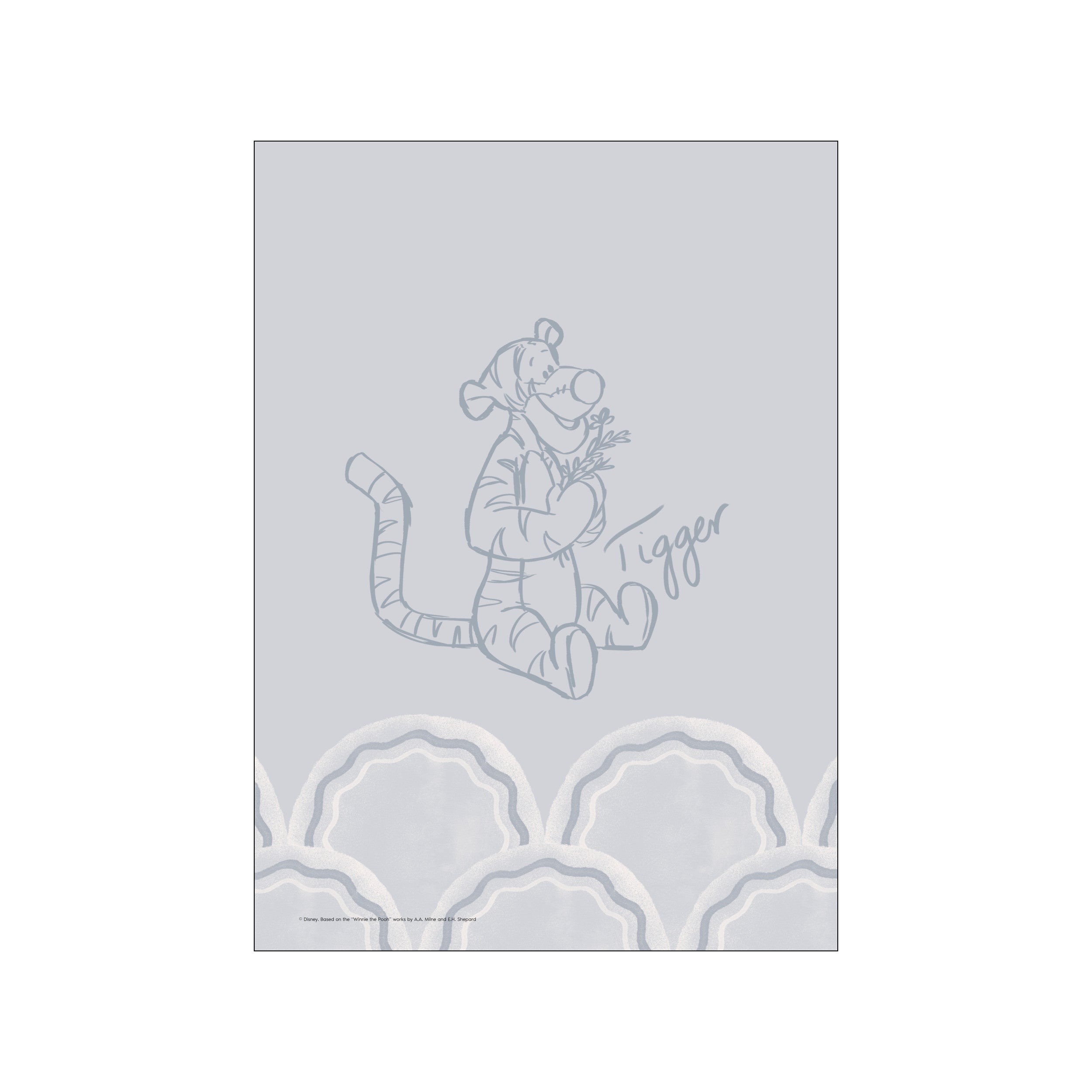 A soft blue sketch of Tigger from Disney, sitting and holding a sprig of flowers, against a muted blue background with scalloped wave-like patterns at the bottom. The name 'Tigger' is handwritten beside him.