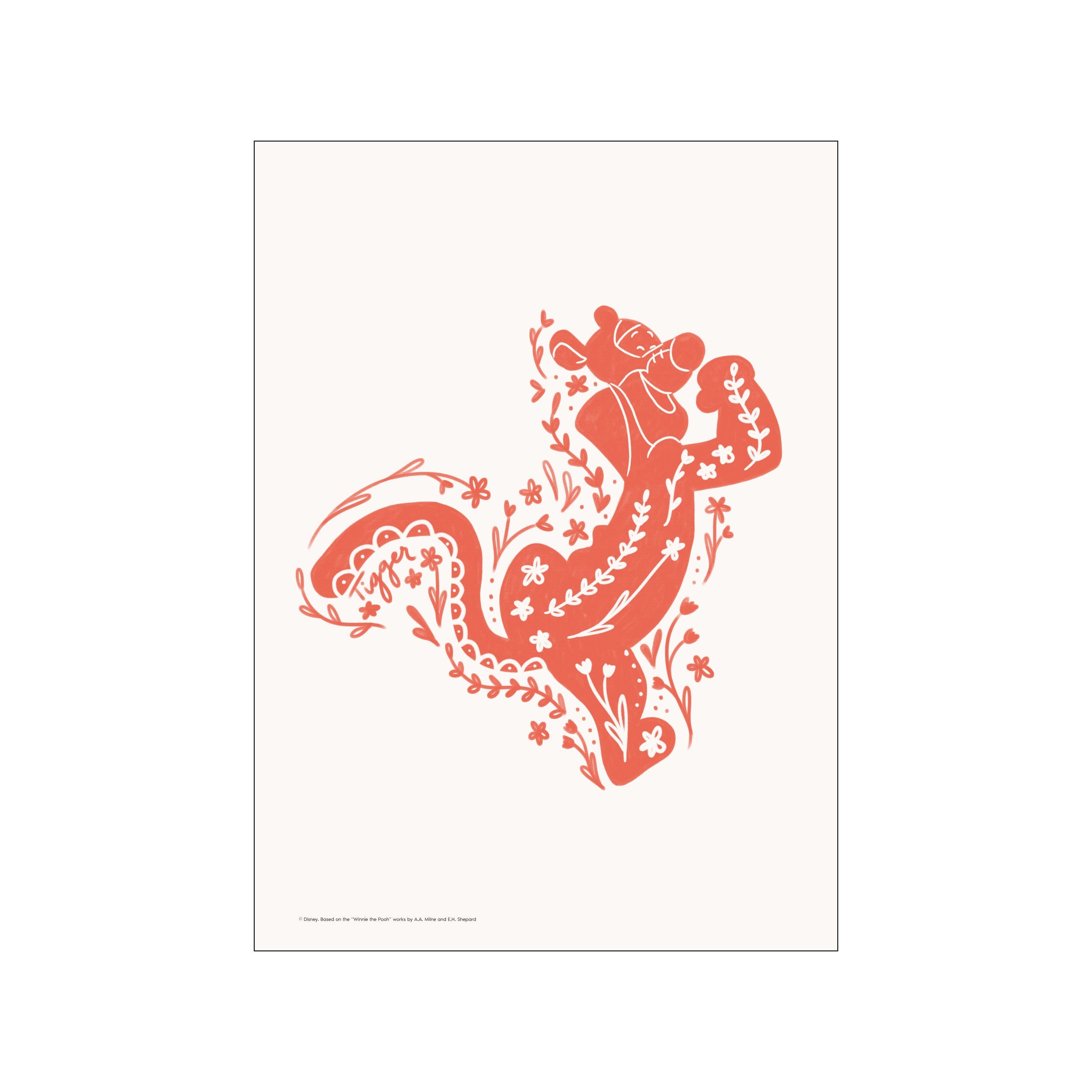 A vibrant coral silhouette of Tigger is intricately detailed with delicate floral patterns and leaves, set against a soft, creamy background, evoking a sense of playful whimsy and gentle nostalgia.