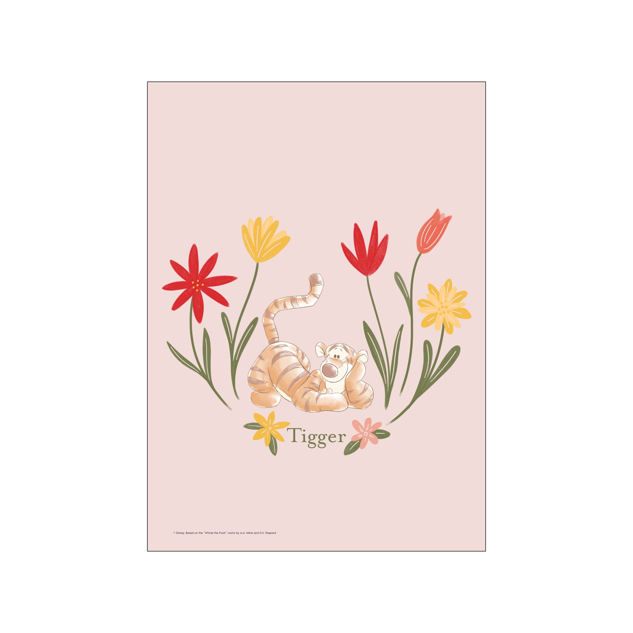 A playful illustration of Disney's Tigger lounging amongst stylized red and yellow flowers on a soft blush pink background, evoking a feeling of whimsical joy and gentle spring.