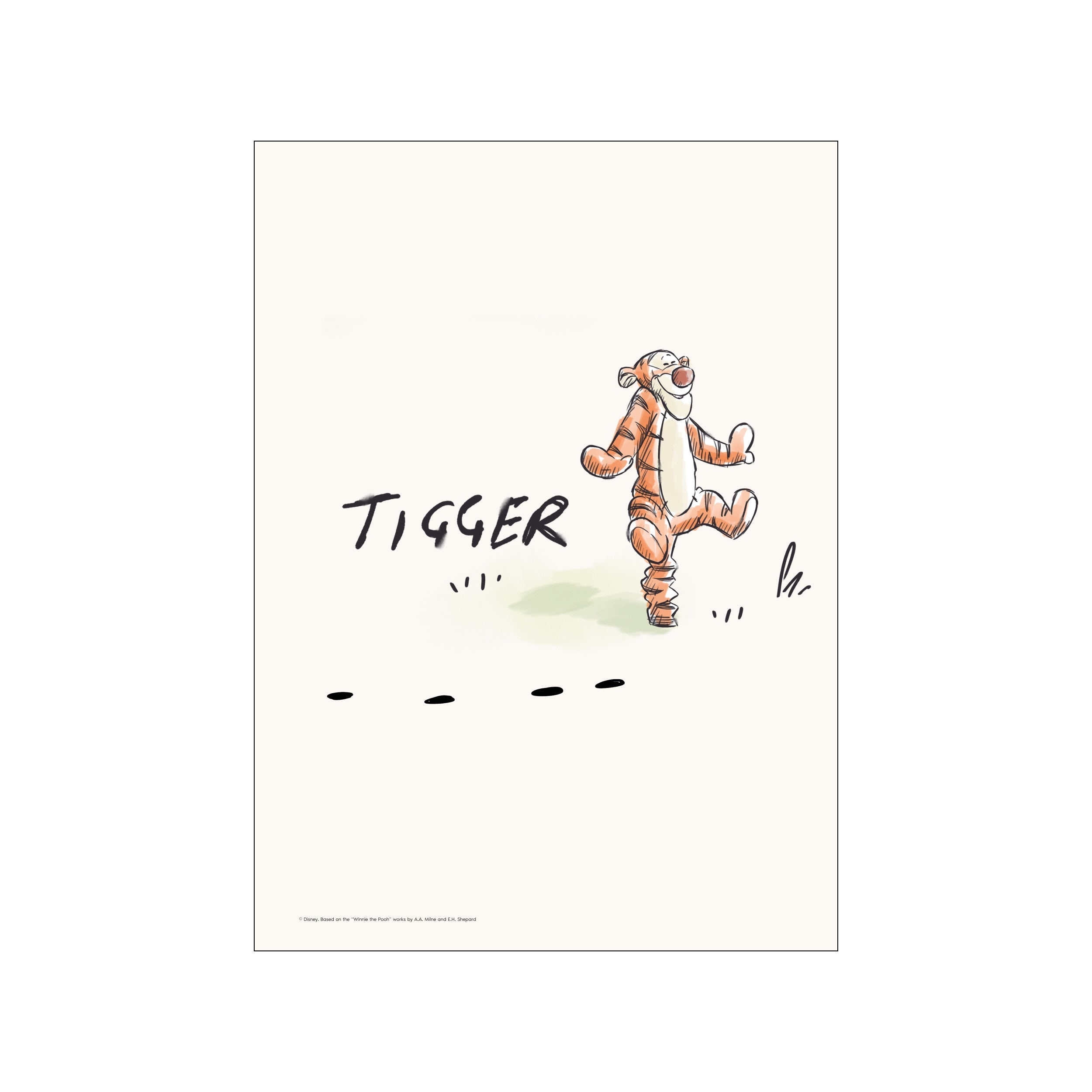 A joyful, bouncing Tigger from Disney is depicted following tracks across a pale, textured background. The illustration uses simple, expressive lines and a warm, limited color palette of orange, black, and a hint of green.