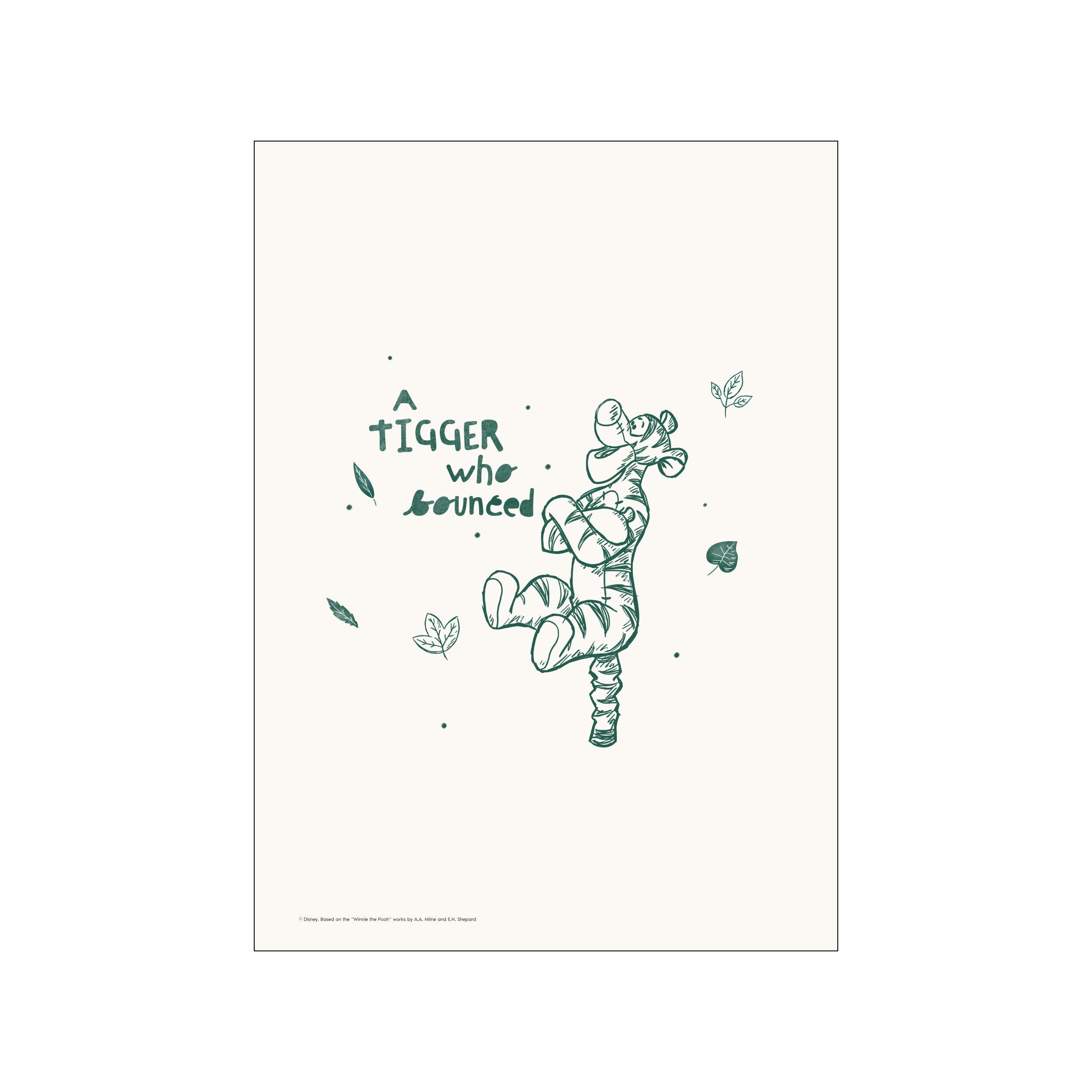 A charming illustration of Disney's Tigger mid-bounce, outlined in green against a soft cream background, with delicate green leaves and dots scattered around him, conveying a feeling of energetic joy and playful movement.