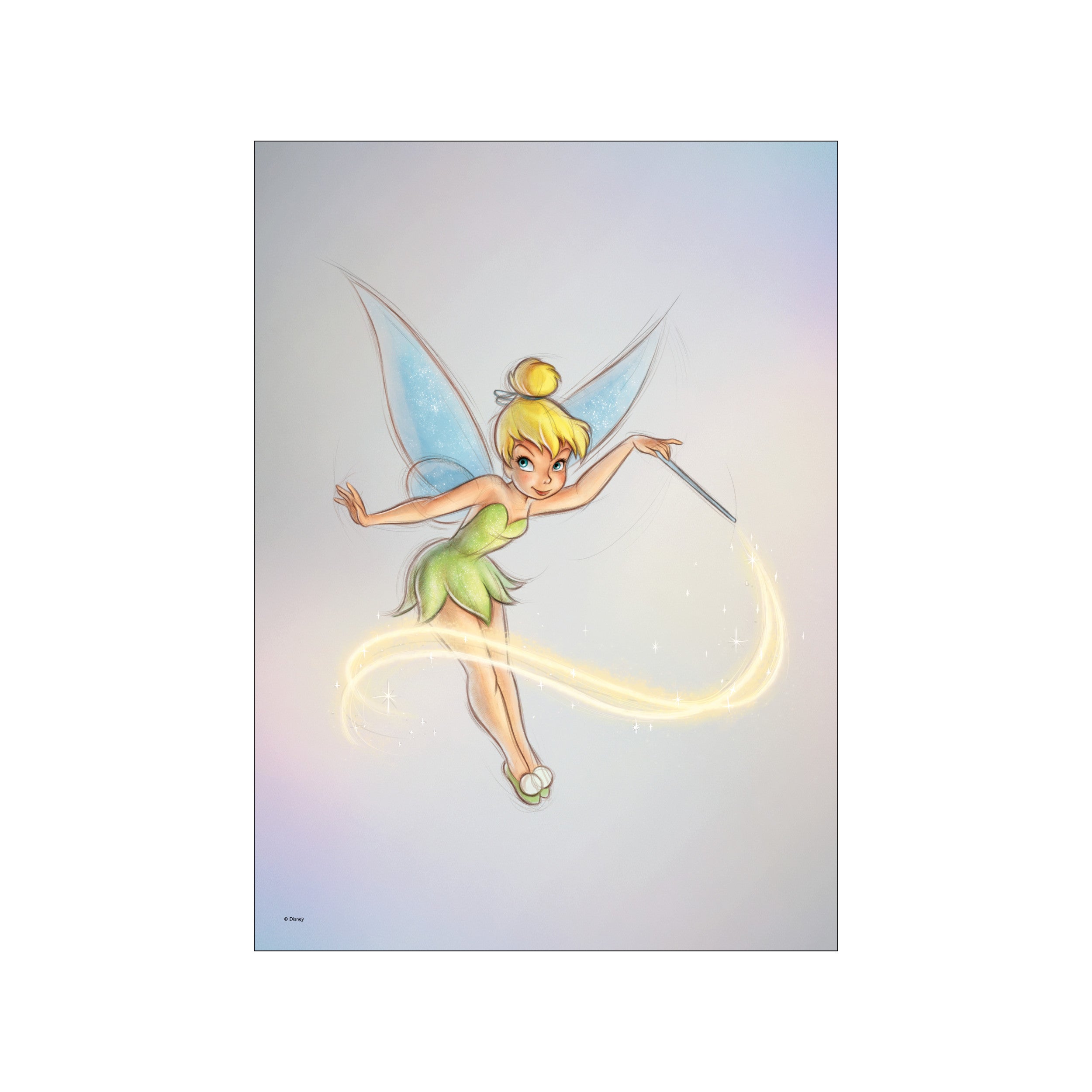 Tinker Bell, the iconic fairy, is depicted in a playful pose, her wand trailing a golden, sparkling light against a soft, gradient pastel background. Her wings are a translucent blue.