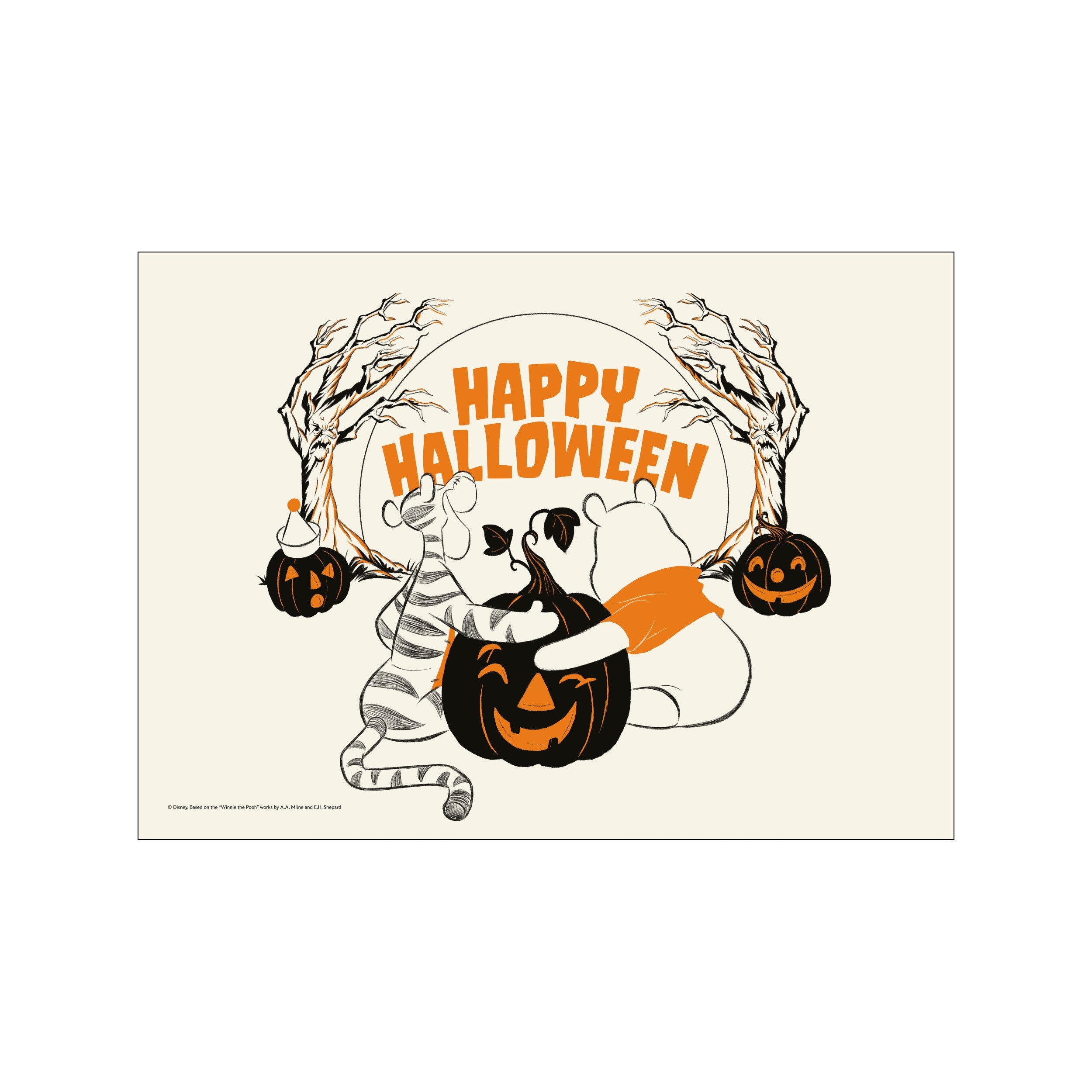 An illustration of Winnie the Pooh and Tigger hugging a large pumpkin, with smaller jack-o'-lanterns and bare branches framing the 'Happy Halloween' text. The color palette is warm with cream, black, and orange.