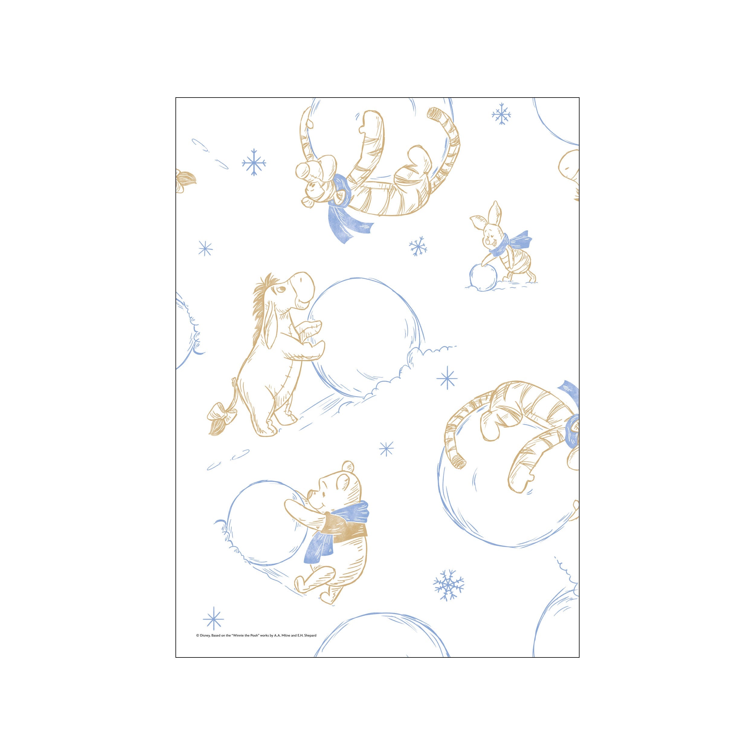 A charming sketch featuring Winnie the Pooh, Eeyore, Tigger, and Piglet playfully interacting with snowballs and snowflakes. The art uses a warm gold and soft blue color palette on a white background, conveying a joyful.