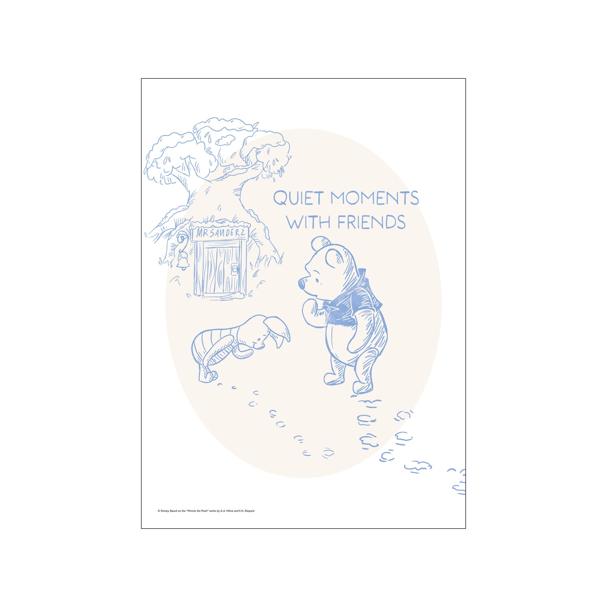 A charming, sketch-style illustration of Winnie the Pooh and Piglet sharing a quiet winter moment. The artwork features delicate blue linework on a creamy background, depicting footprints in the snow and a sense of gentle.