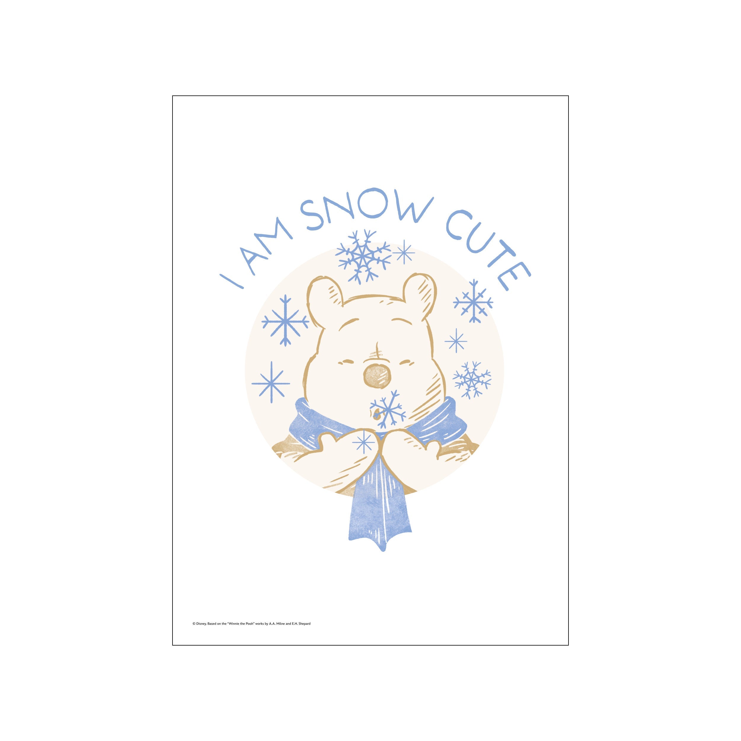A charming illustration of Winnie the Pooh, bundled in a blue scarf and holding a snowflake, surrounded by delicate blue snowflakes. The artwork features a soft, warm color palette and evokes a sense of cozy.