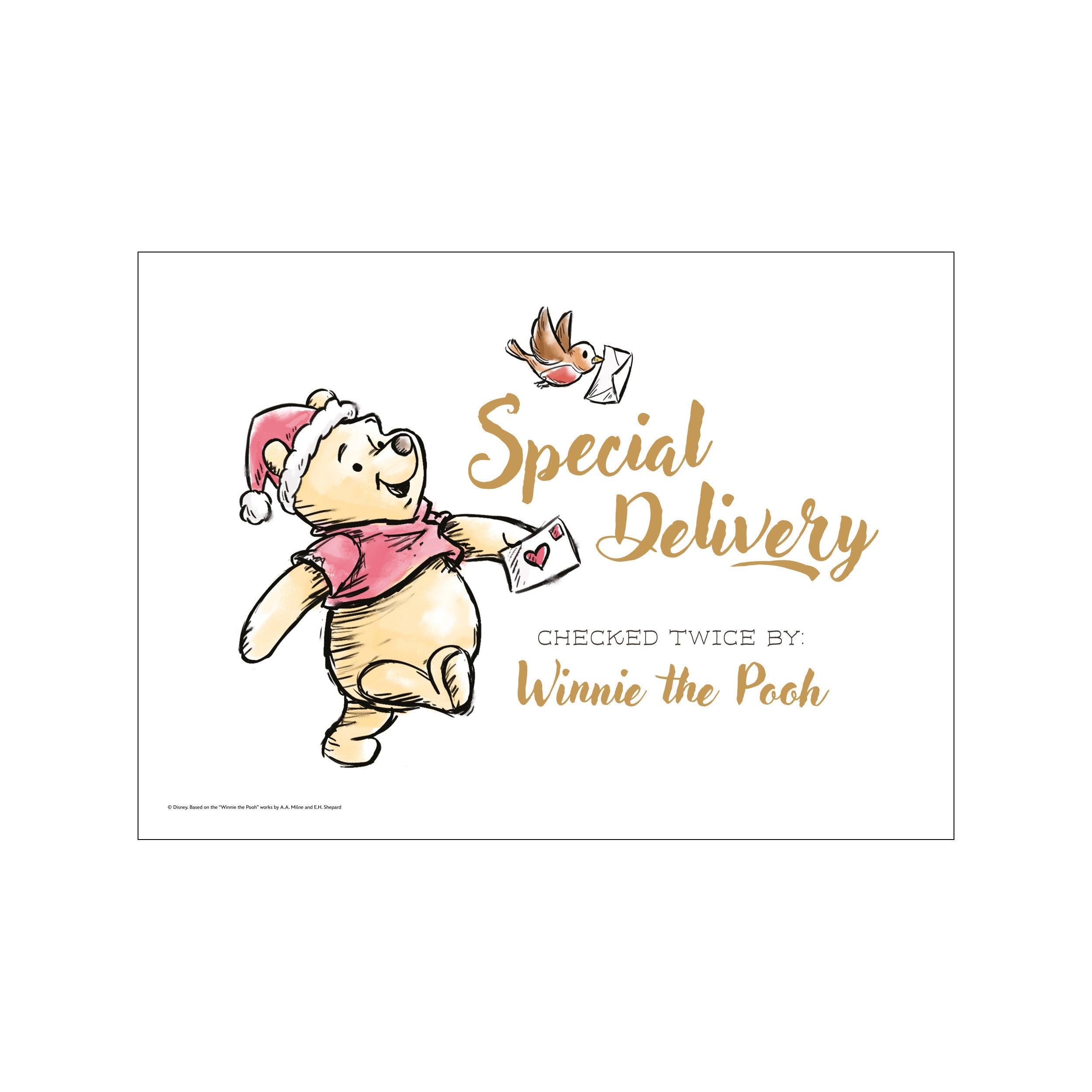 A watercolor illustration of Winnie the Pooh wearing a Santa hat and holding an envelope, with a small bird delivering mail. The artwork has a charming, whimsical vibe and uses a soft, warm color palette.