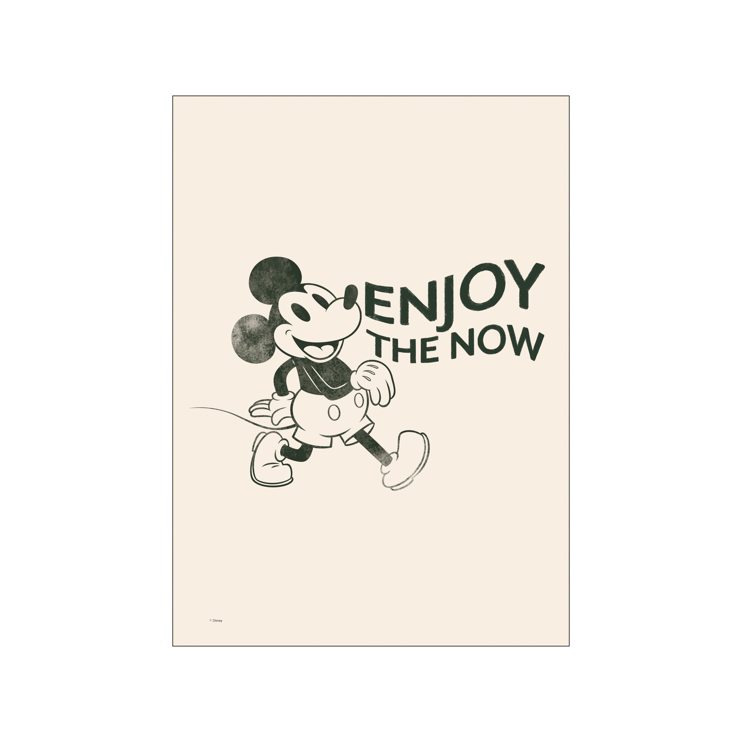 A vintage-inspired illustration of Mickey Mouse in a dark green hue against a soft, creamy background, with the words 'ENJOY THE NOW' artfully placed beside him. The art radiates nostalgia and lighthearted joy.