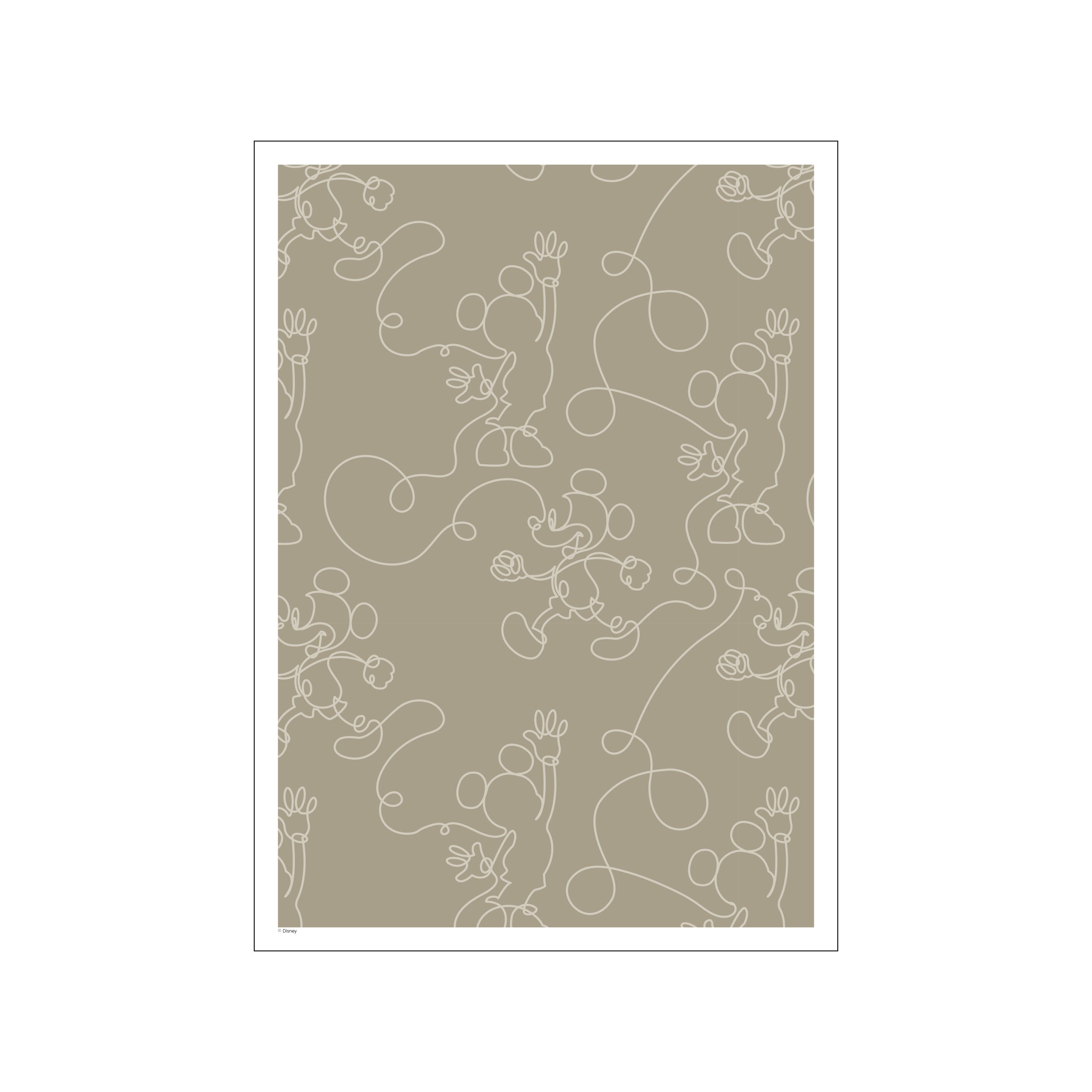 A charming pattern of Mickey Mouse figures drawn in thin, continuous white lines against a muted green-grey background. The lines suggest movement and playfulness, creating a whimsical yet sophisticated visual.