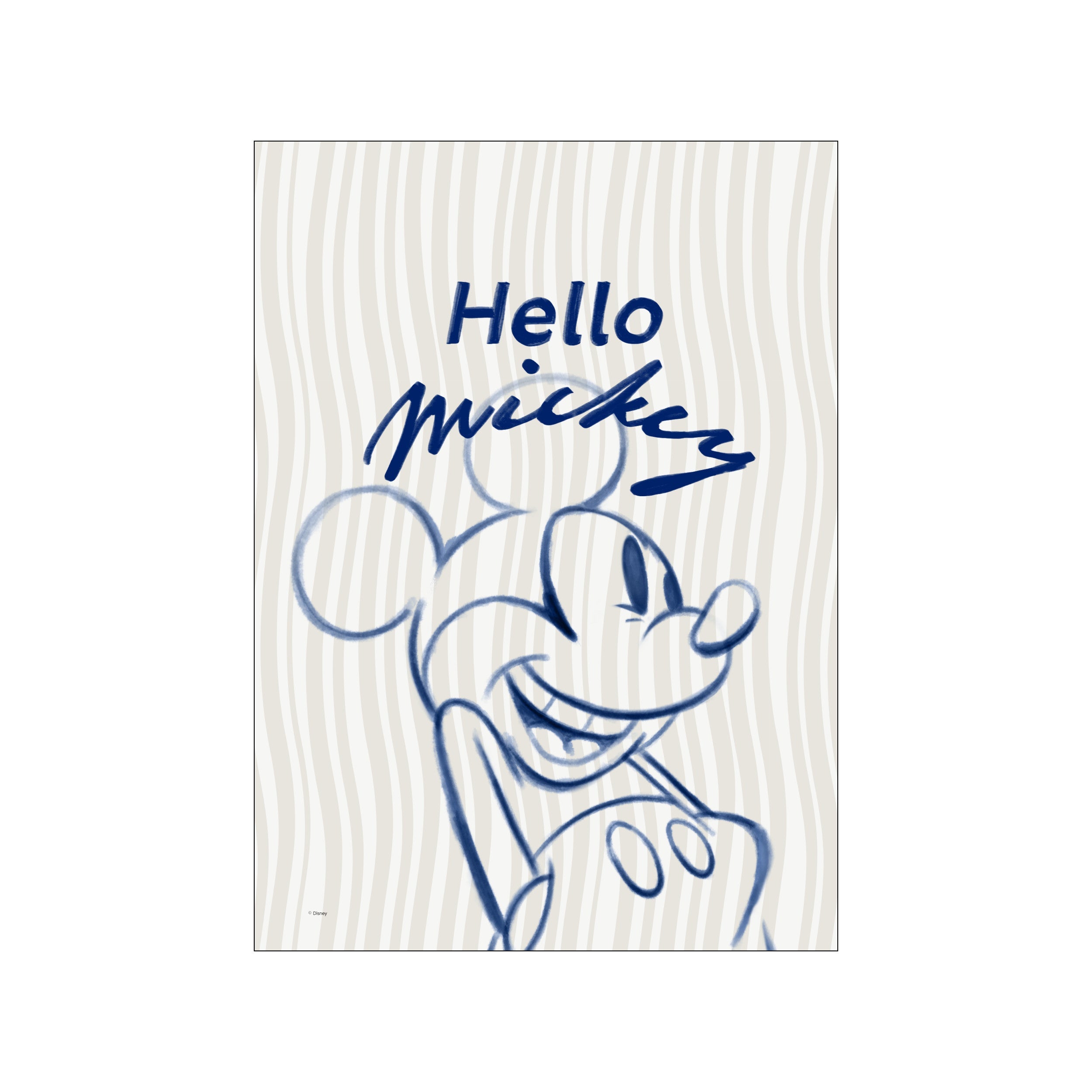 A charming sketch of Mickey Mouse in indigo blue watercolor style, with the word 'Hello' written above in elegant script, set against a backdrop of muted vertical stripes.