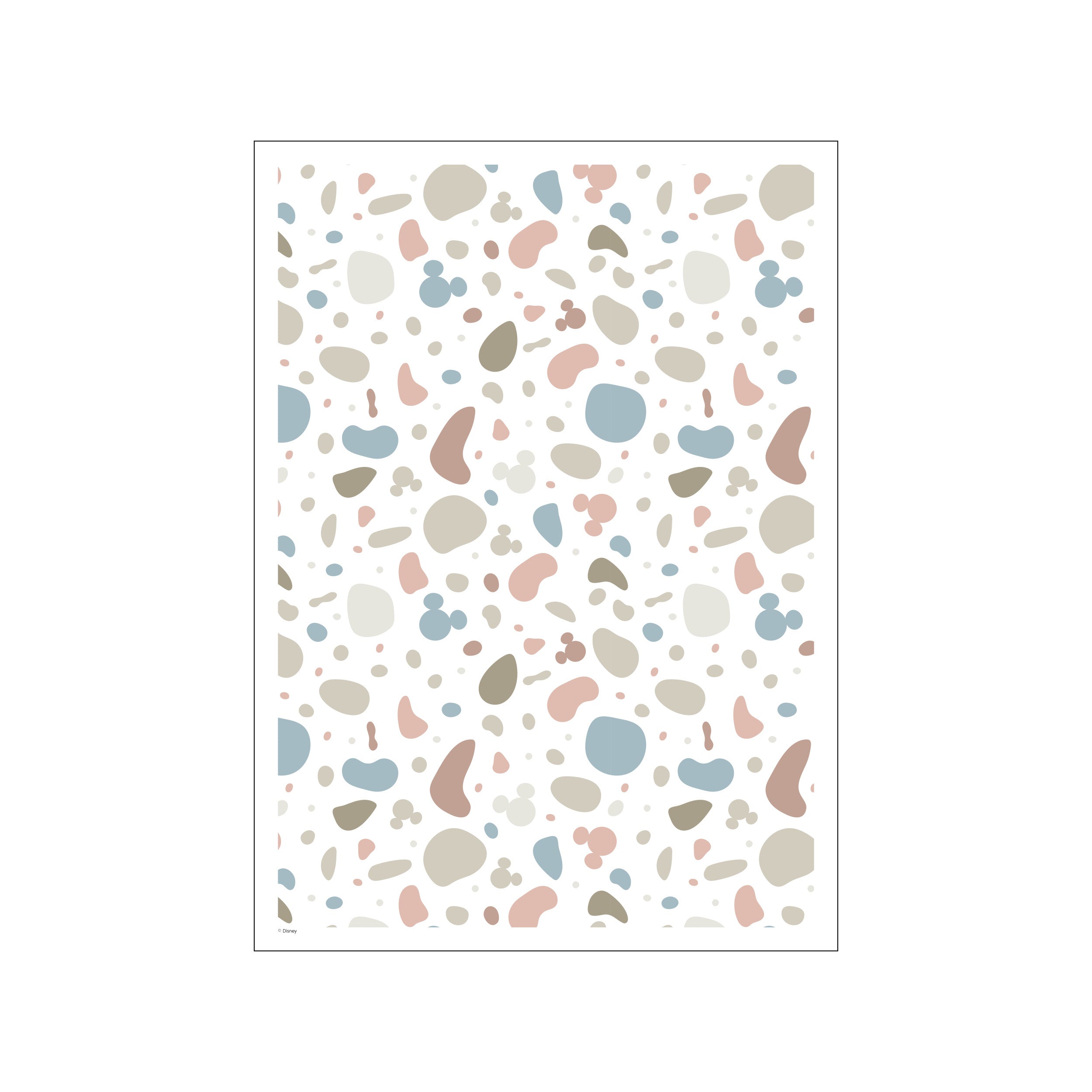 A whimsical art print featuring a scattered pattern of abstract shapes and tiny Mickey Mouse silhouettes in soft blush, muted blue, and gentle taupe colors on a white background.