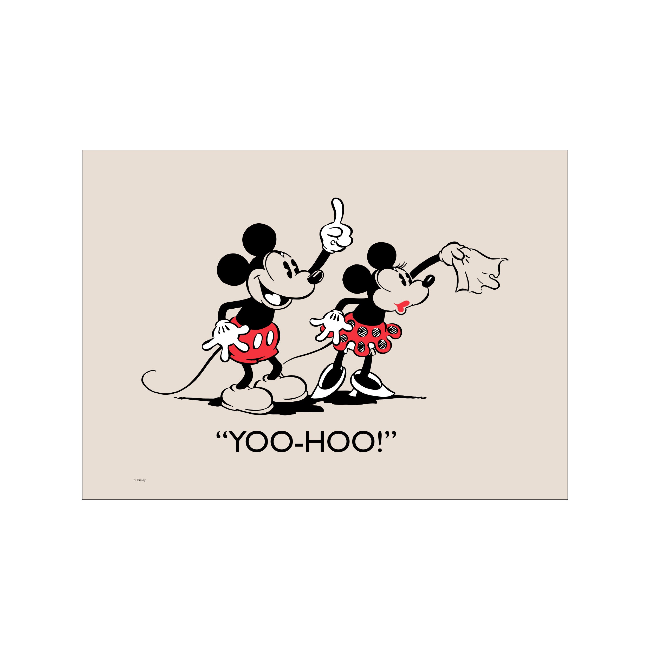 Mickey and Minnie Mouse in vintage animation style, with Mickey pointing upwards and Minnie waving a handkerchief, on a soft beige background with the text 'Yoo-hoo!' below.