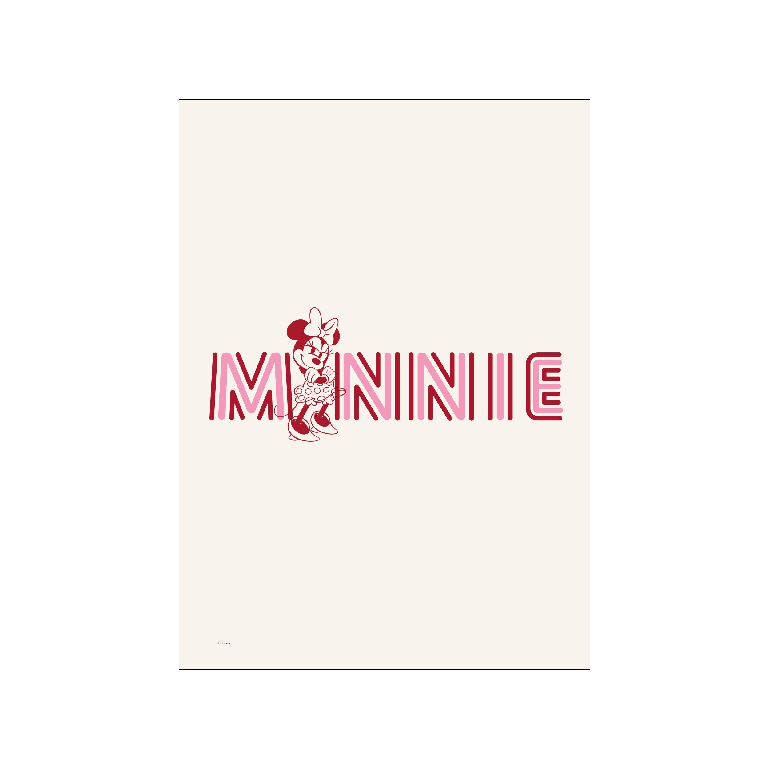 Minnie Mouse peeking from behind bold, retro-style pink and red letters spelling 'MINNIE' against a soft cream background. Evokes playful, whimsical, and nostalgic decor vibes.
