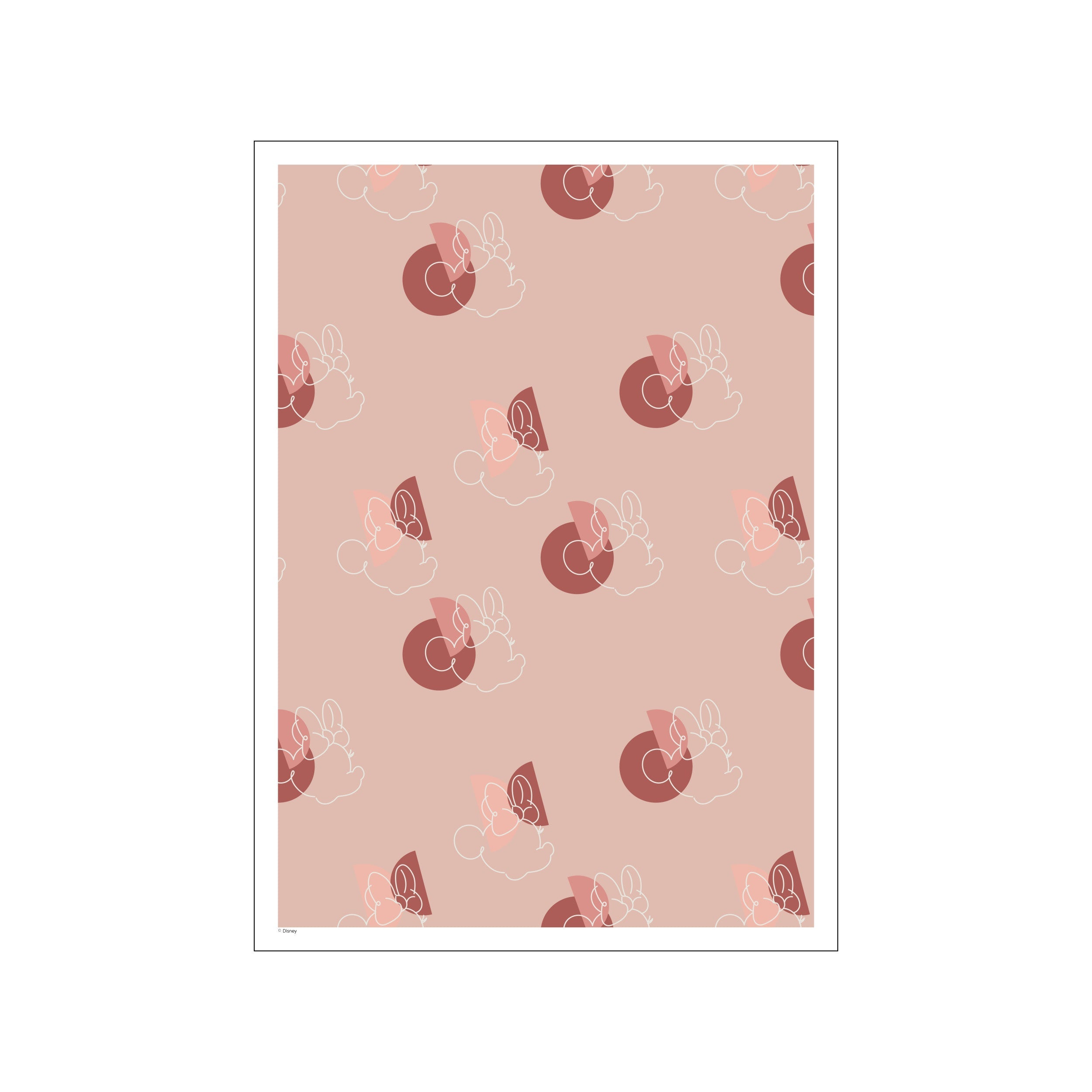 A repeating pattern of Minnie Mouse outlines in white and soft pinks, interspersed with circles of blush and berry on a dusty rose background, creating a charming and whimsical visual.