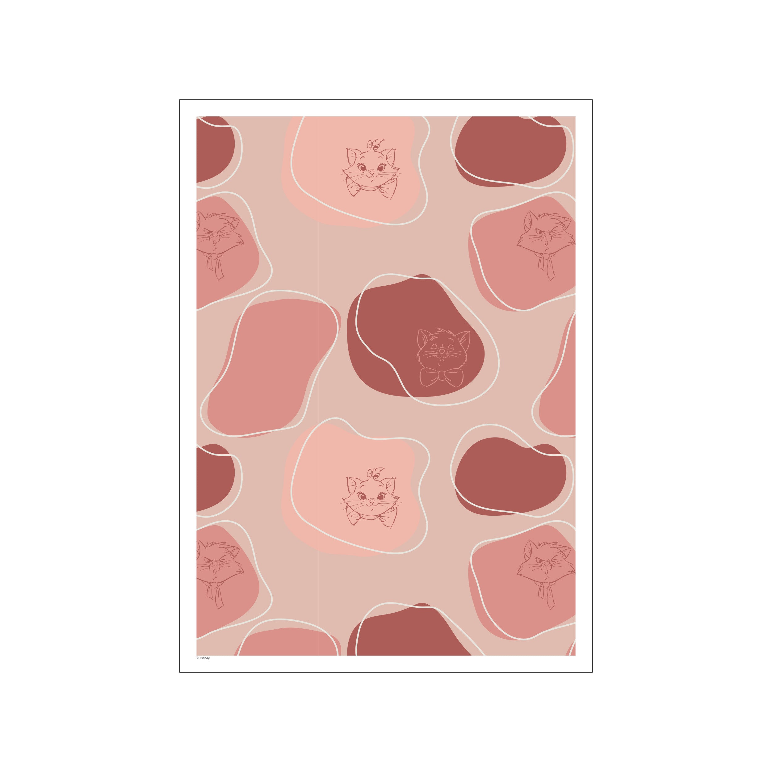 A charming illustration featuring outlines of Aristocat kittens with bows against a background of abstract, flowing shapes in blush, rose, and terracotta colors.