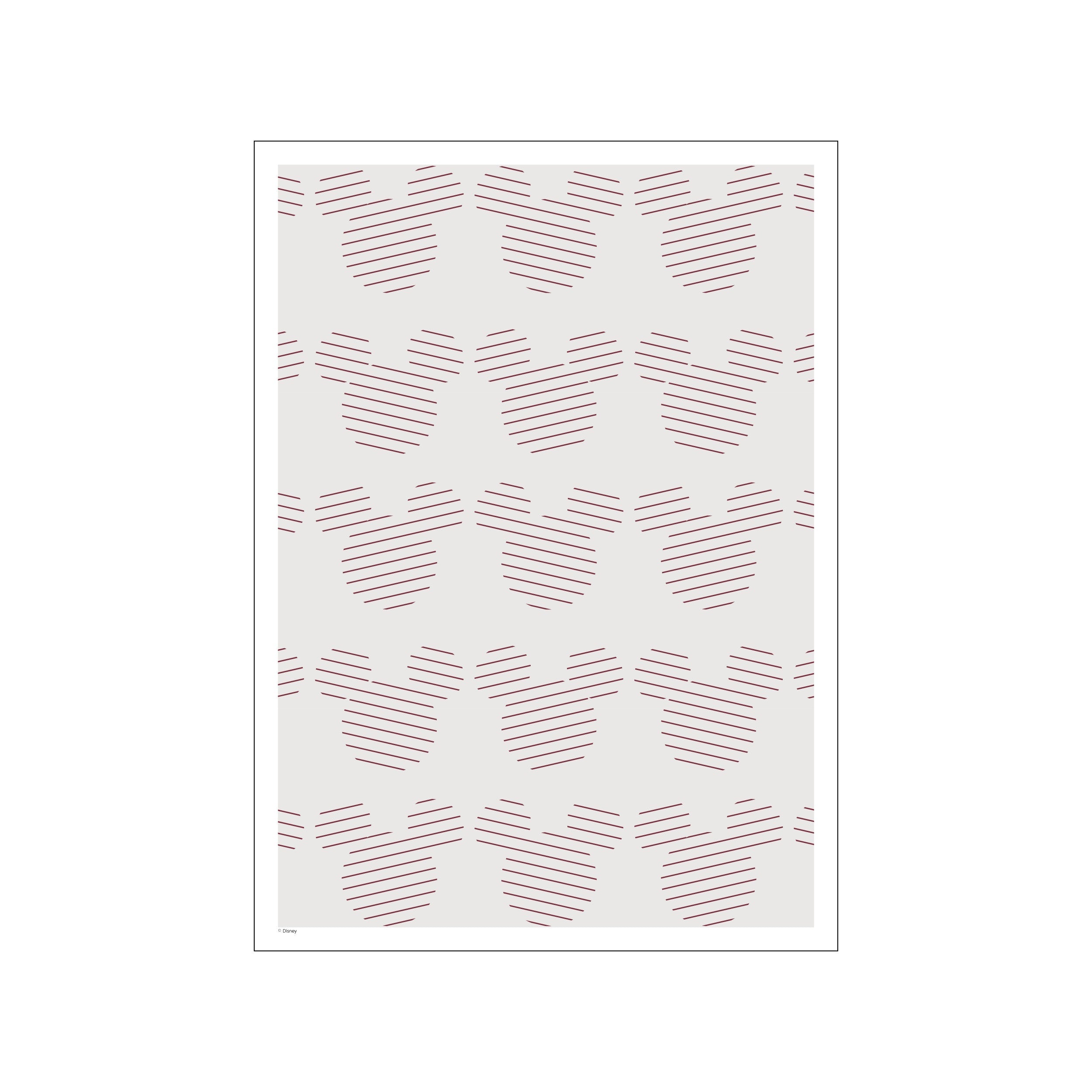 A repeating pattern of Mickey Mouse silhouettes formed by thin, parallel burgundy lines on a soft, light gray background, creating a whimsical and modern visual.