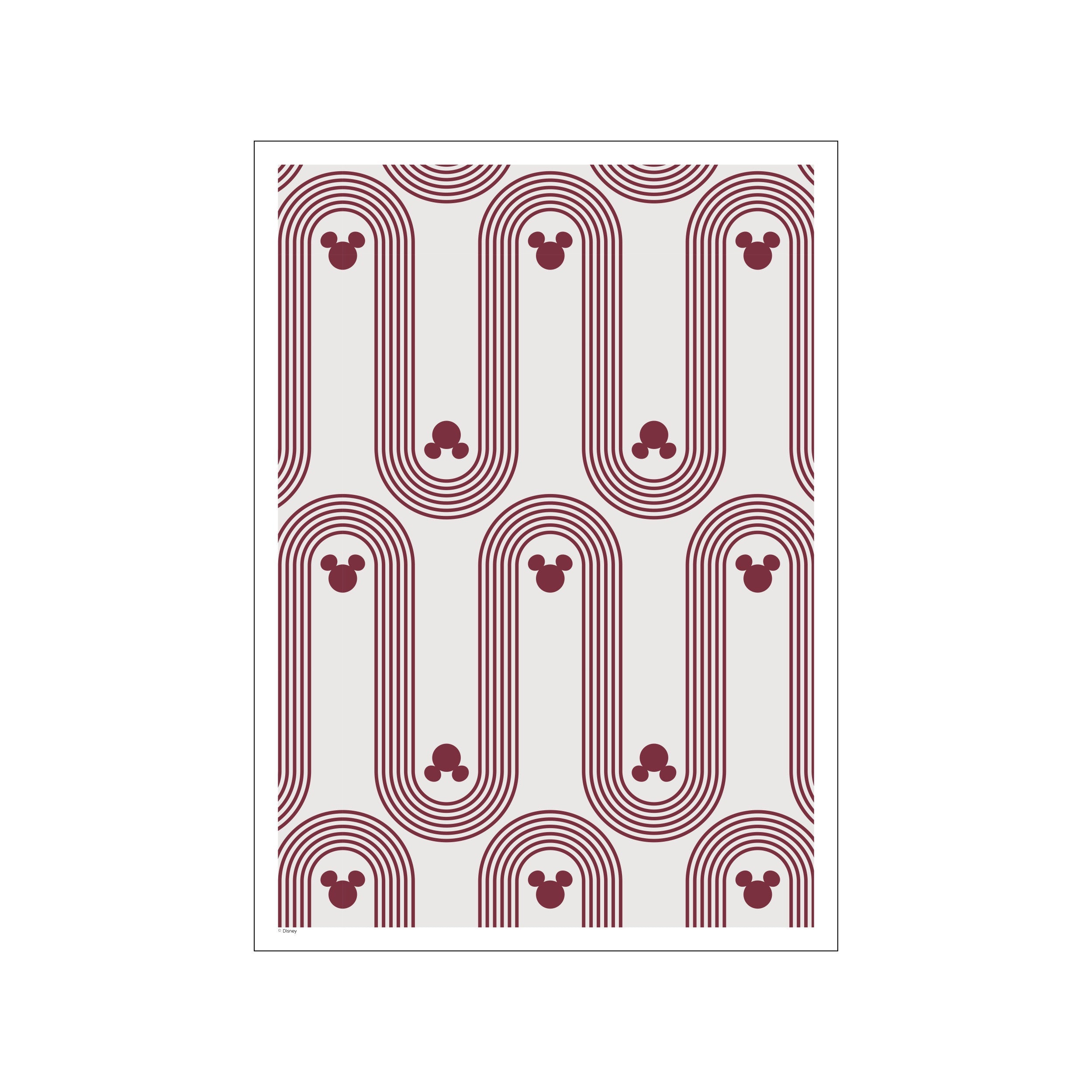 A patterned composition featuring repeating arches in deep burgundy with subtle Mickey Mouse heads integrated into the design, set against a light, neutral background.