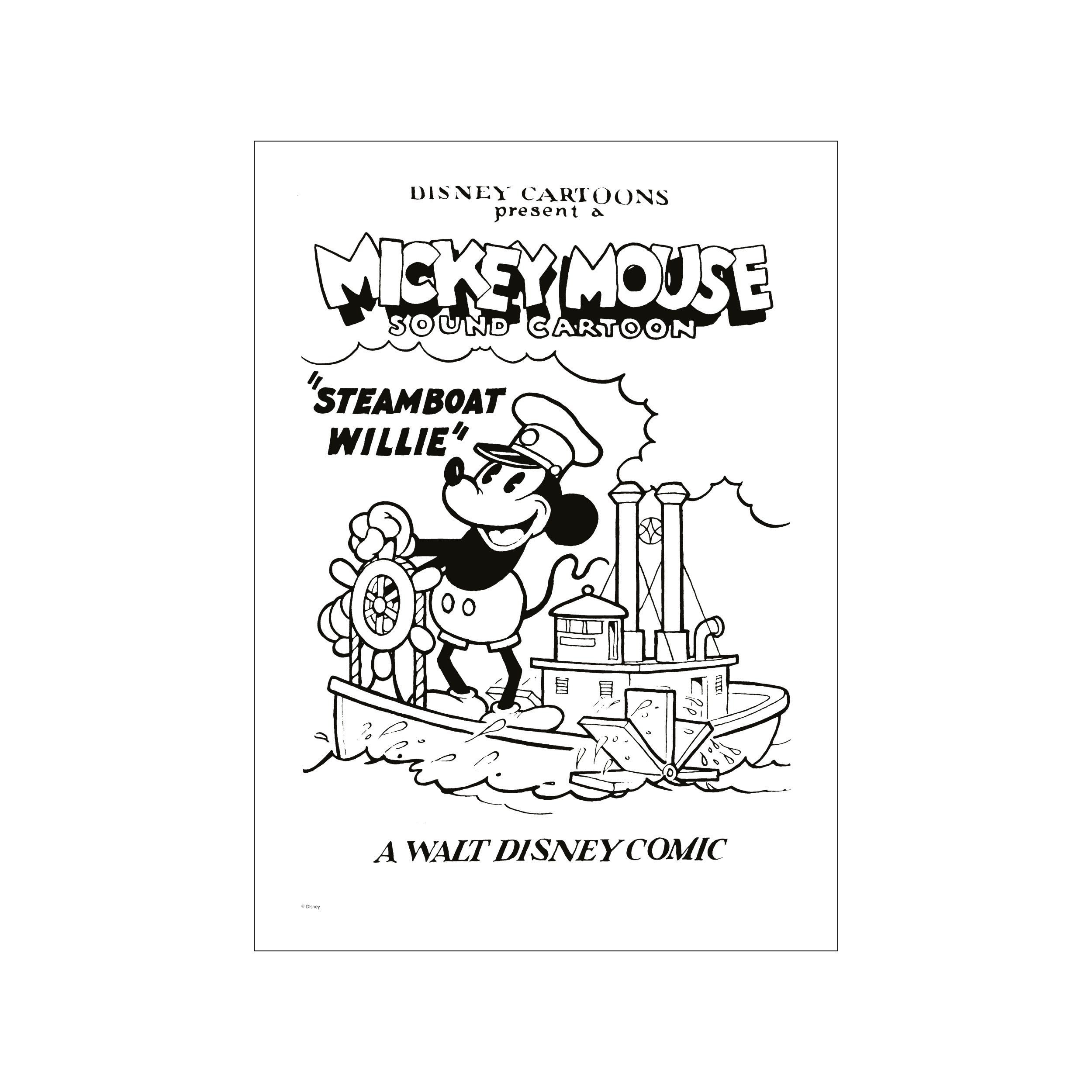Mickey Mouse steering the Steamboat Willie, rendered in a classic black and white animation style. The artwork has a nostalgic, energetic, and whimsical vibe, perfect for adding a vintage touch to decor.