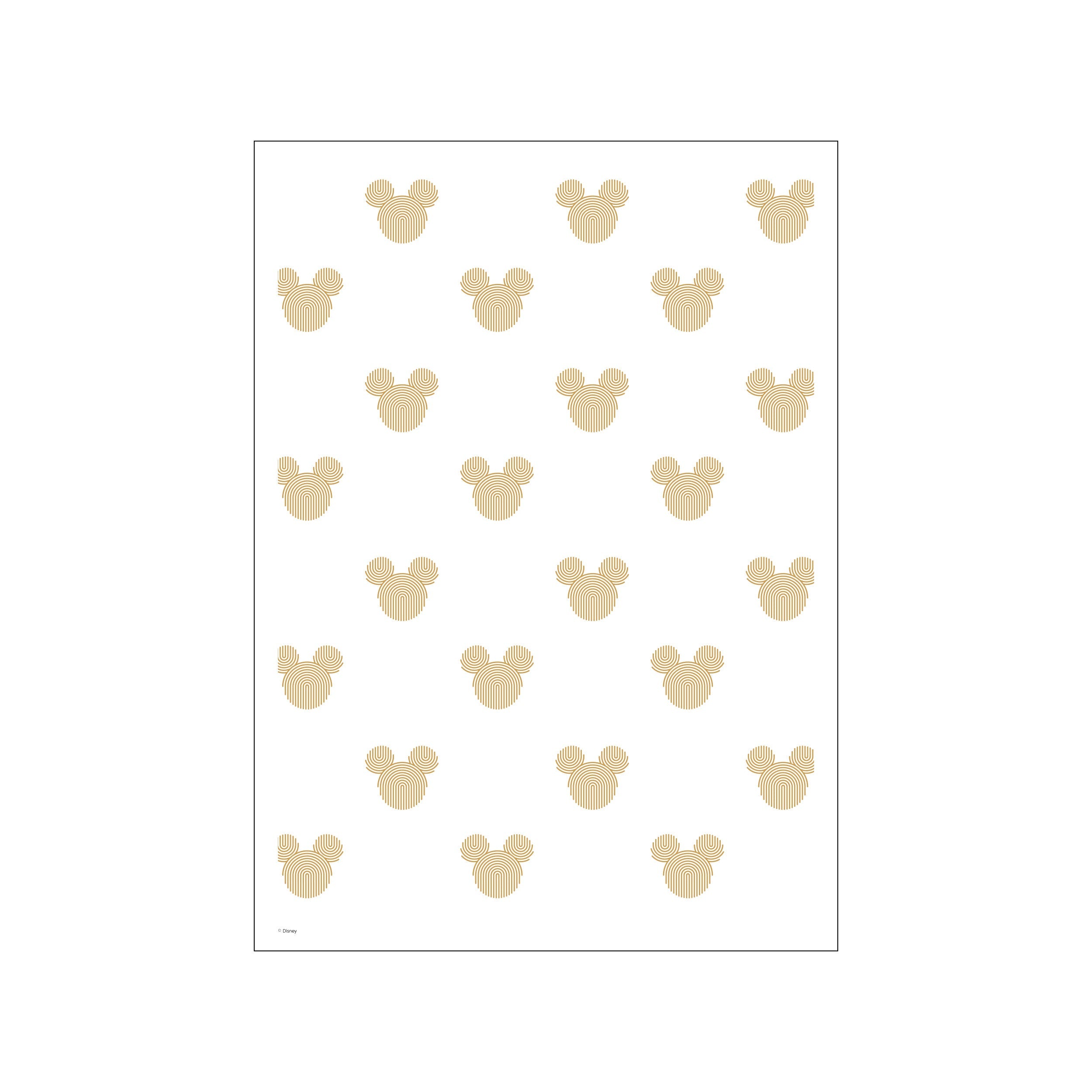 A white background filled with a repeating pattern of golden Mickey Mouse head silhouettes, each composed of concentric curved lines, creating a subtle, rhythmic visual effect.