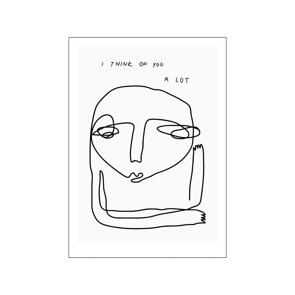 Minimal black line portrait with handwritten text on a white background
