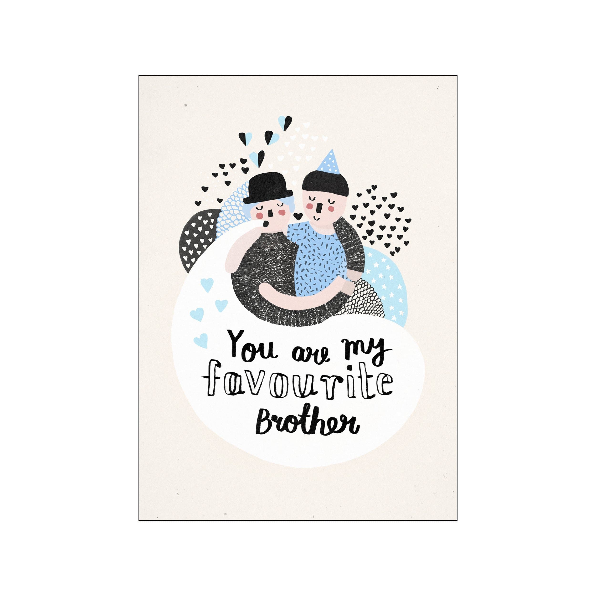 Two stylized figures embracing, with one wearing a party hat and the other a bowler hat. Playful hearts and abstract shapes surround them, conveying a message of favorite brotherly affection in a soft, warm palette.