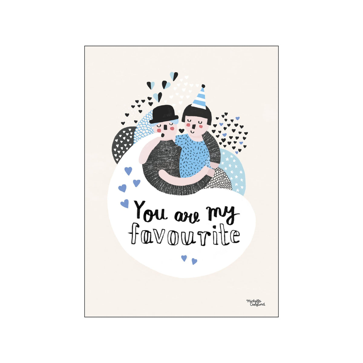 A stylized illustration of two figures embracing, adorned with playful hearts and a party hat. The artwork features a soft cream background with a color palette of blues, black, and white, conveying a sense of.