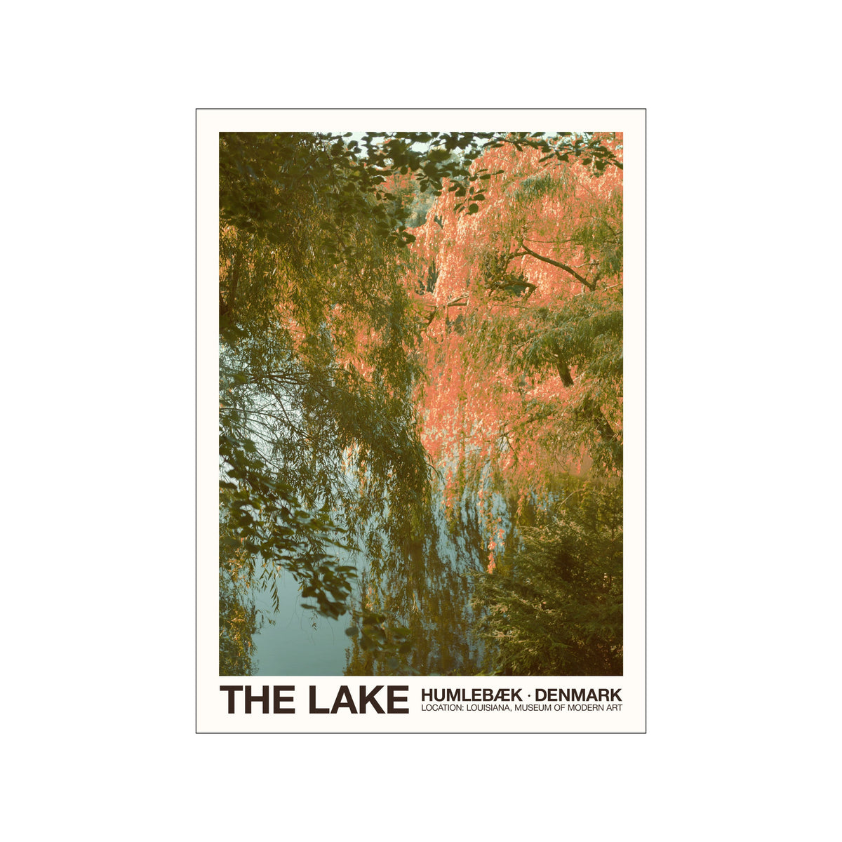 Vertical poster of a wooded lake scene with green branches and coral reflections