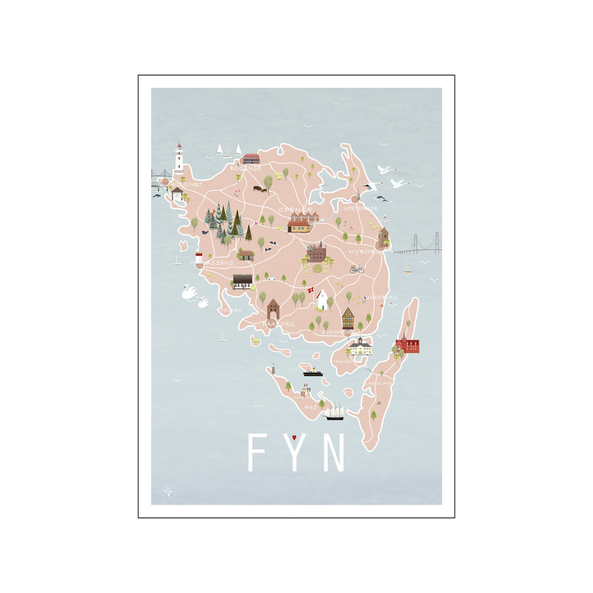 Pastel illustrated map of Fyn with towns, landmarks, and white route lines