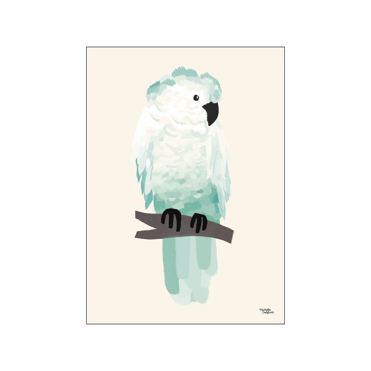 A stylized portrait of a white cockatoo with fluffy plumage in shades of mint and aqua, perched on a branch against a soft cream background. The artwork has a whimsical and serene vibe.