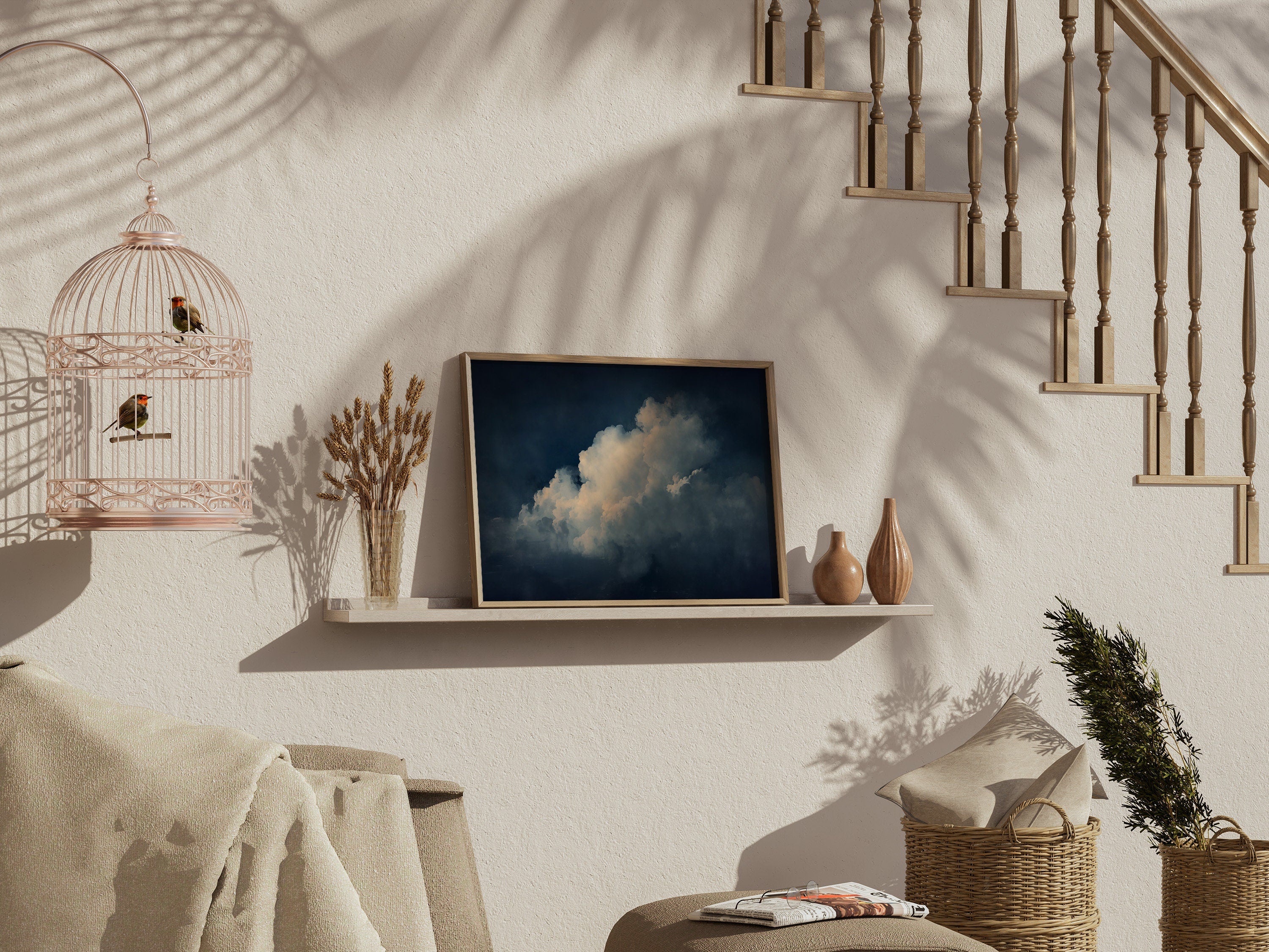 Vintage Navy Floating Moody Cloud Painting Canvas Art for Living room - View 6