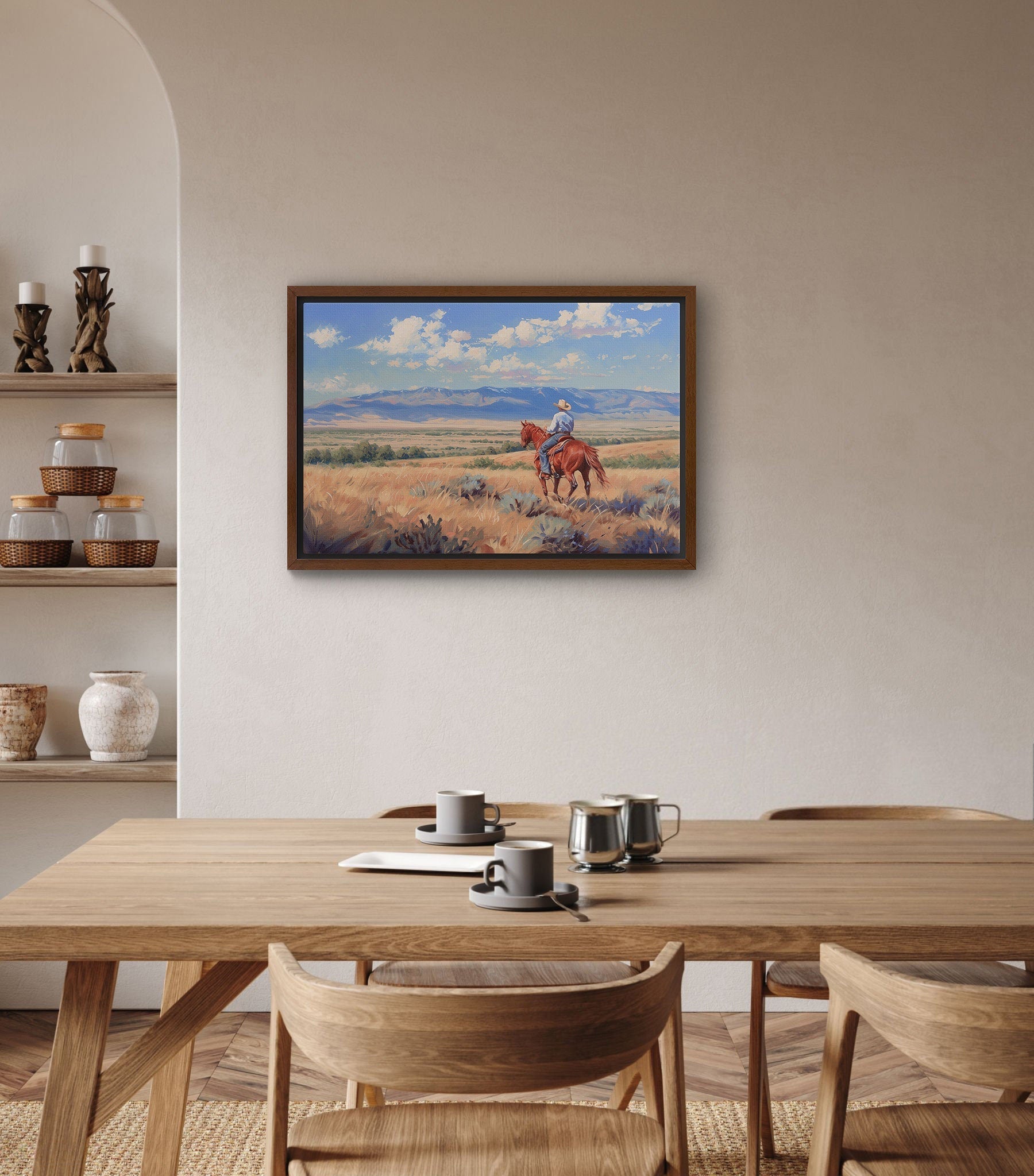 Solitary Rider Western wall art in minimalist space, showcasing the vintage aesthetic and emotional stillness of the composition. A premium archival canvas print perfect for modern living environments.