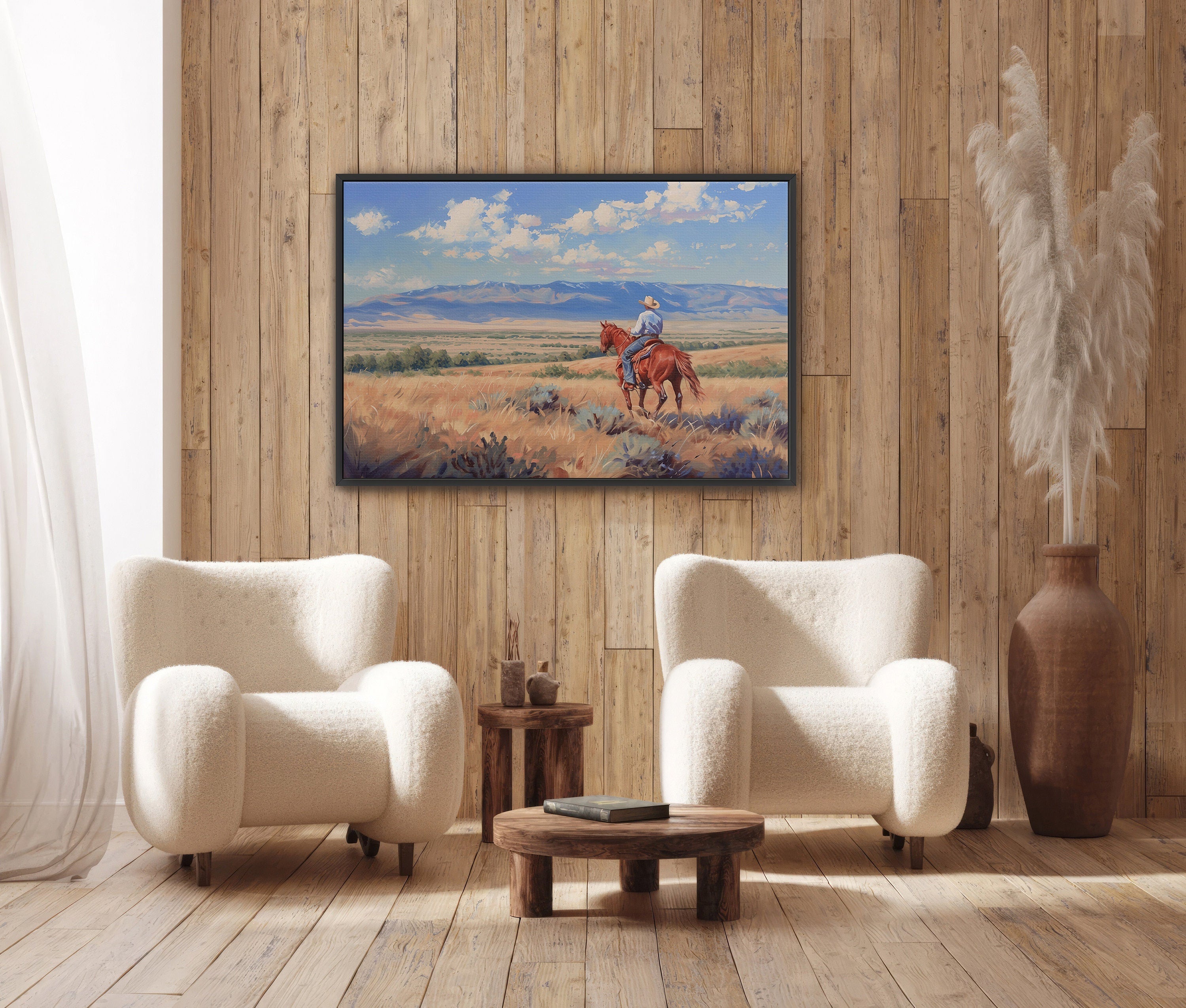 Full view of Solitary Rider featuring warm desert tones, mounted cowboy figure with atmospheric landscape. A premium archival canvas print perfect for Western and rustic interior design.
