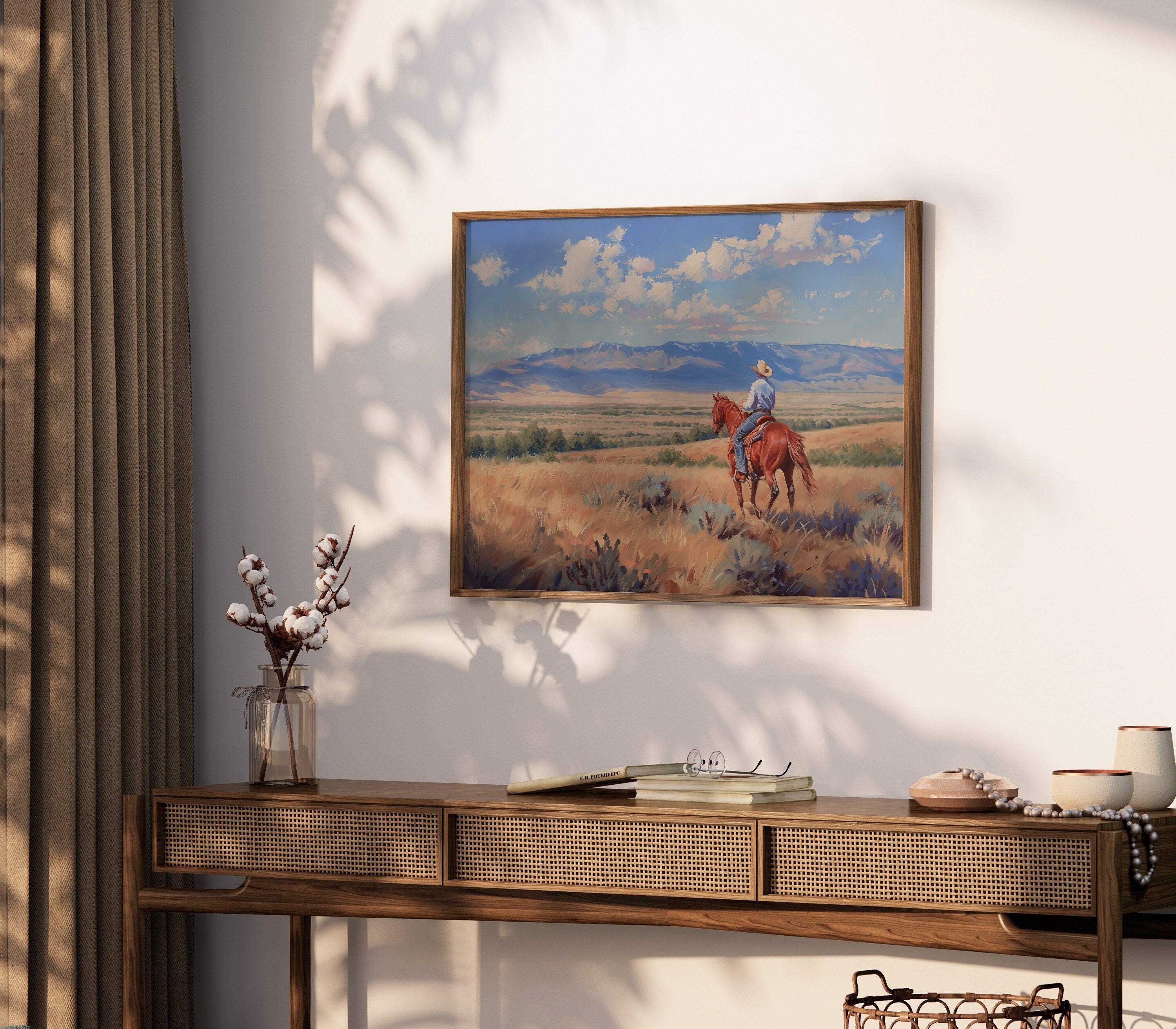 Impressionistic Western wall art featuring a mounted cowboy with warm desert tones and vintage aesthetic. A premium archival canvas print perfect for modern rustic or minimalist living rooms.