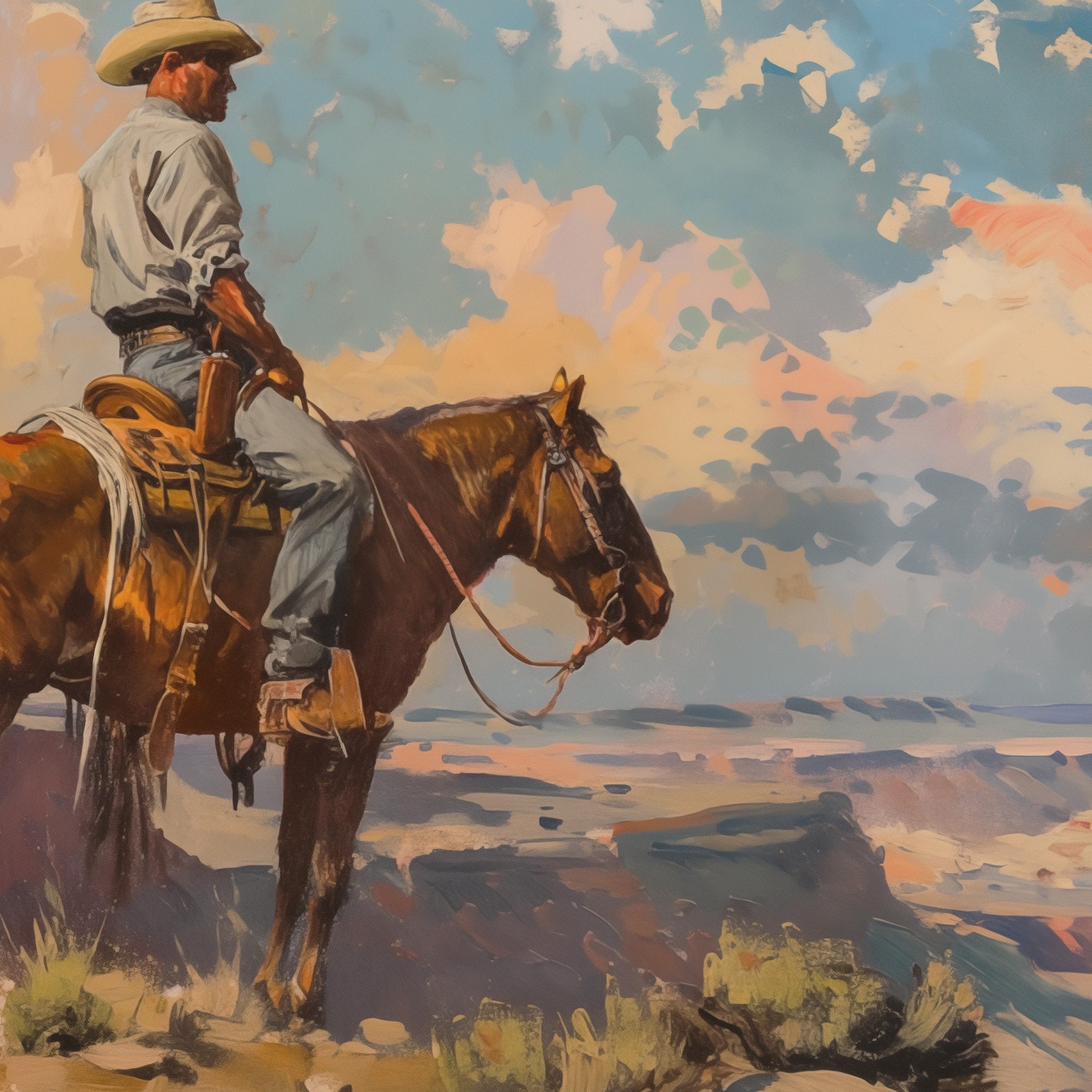 Vintage Western Man On A Horse Painting Canvas Art for Living room - View 2
